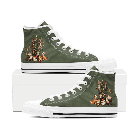 Feline Christmas Tree Stack High Top Canvas Shoes | Olive Green Cat Lover Sneakers