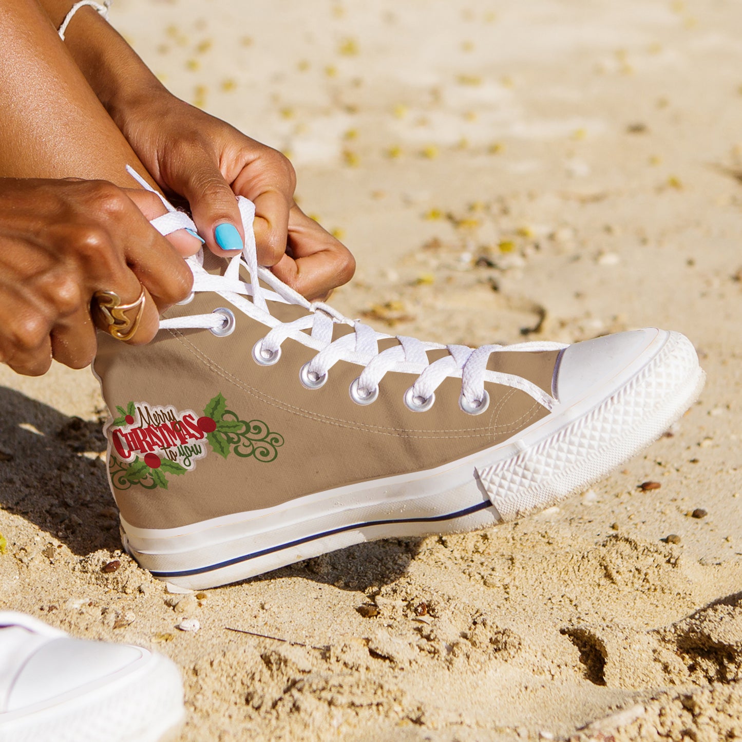 Classic Santa Claus & Tree High Top Canvas Shoes | Camel Tan Christmas Sneakers