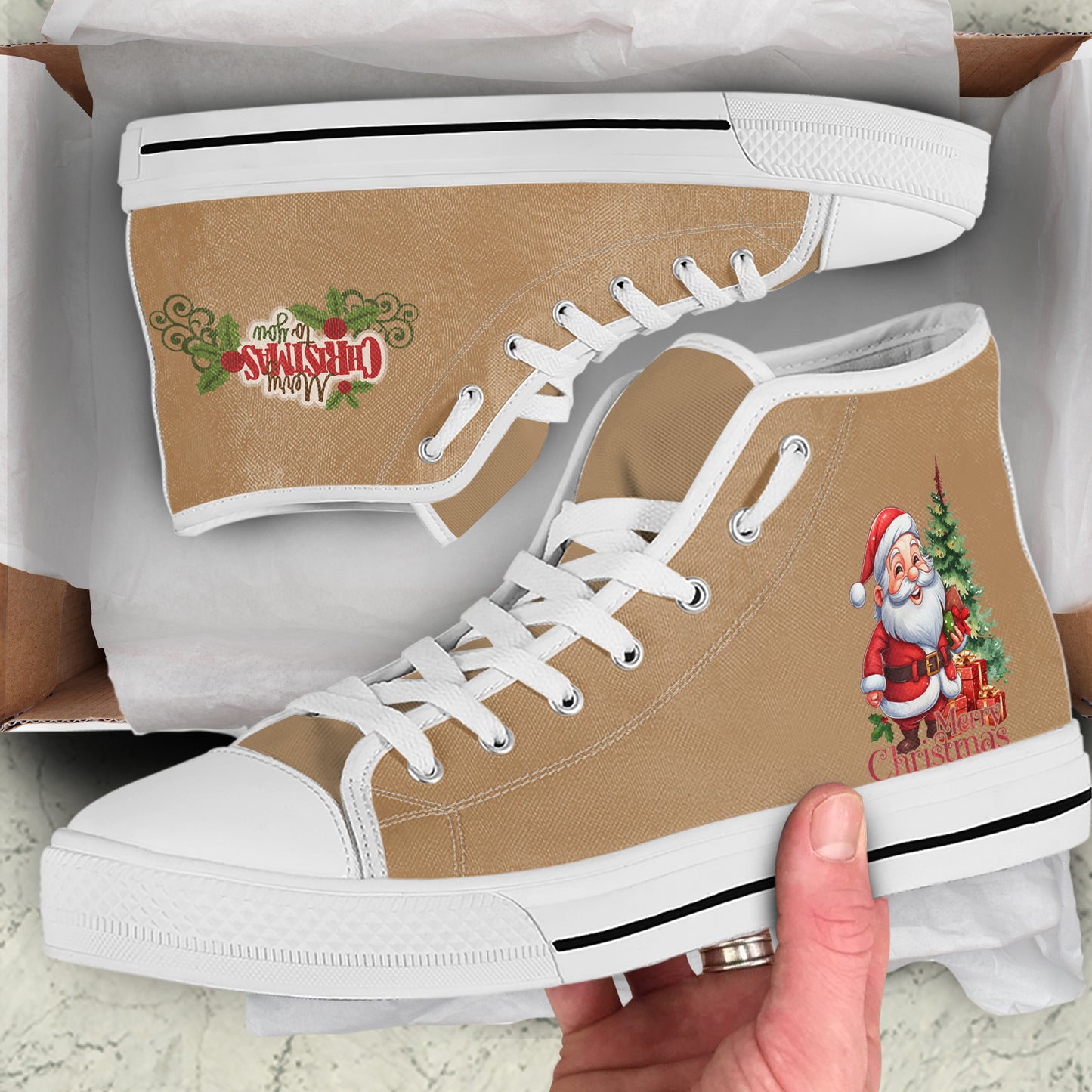 Classic Santa Claus & Tree High Top Canvas Shoes | Camel Tan Christmas Sneakers