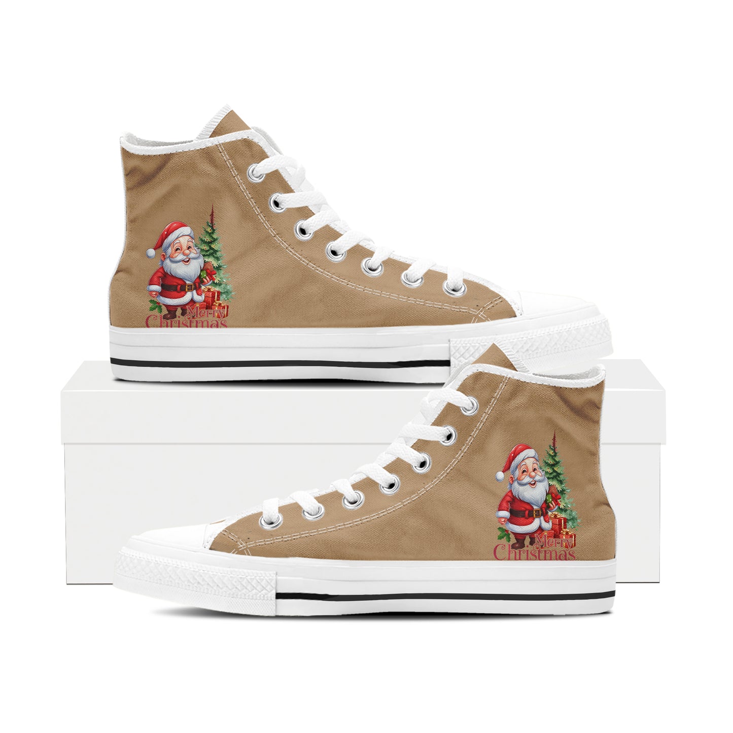 Classic Santa Claus & Tree High Top Canvas Shoes | Camel Tan Christmas Sneakers
