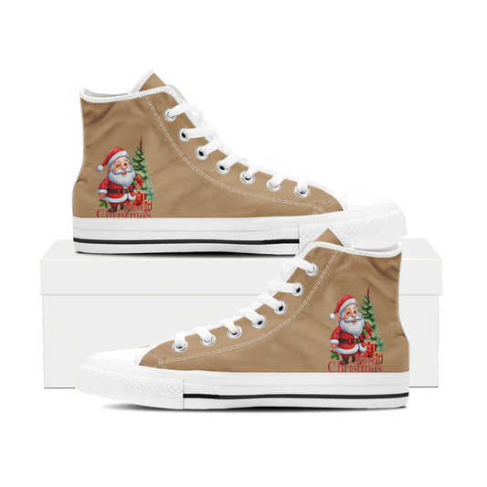 Classic Santa Claus & Tree High Top Canvas Shoes | Camel Tan Christmas Sneakers