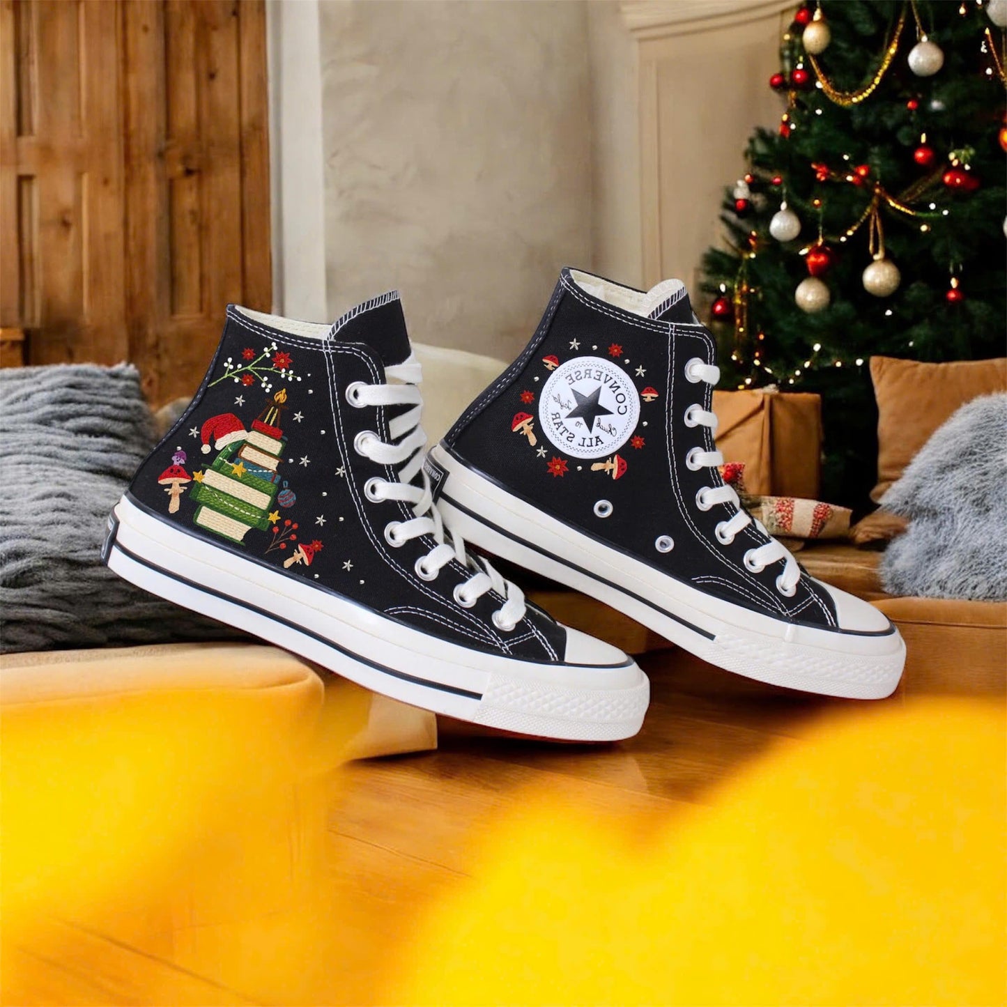 Custom Embroidered Converse Chuck Taylor | Mushroom & Floral Christmas Shoes for Book Lovers