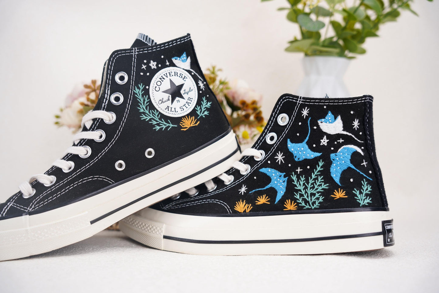 Manta Ray Embroidered Converse | Custom Ocean Chuck Taylor 1970s High Tops
