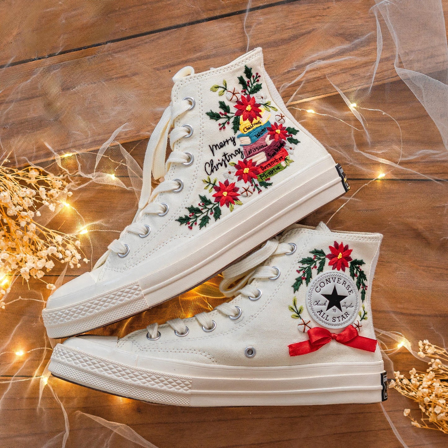 Custom Embroidered Converse Chuck Taylor | Floral & Book Design Christmas Vibes Sneakers