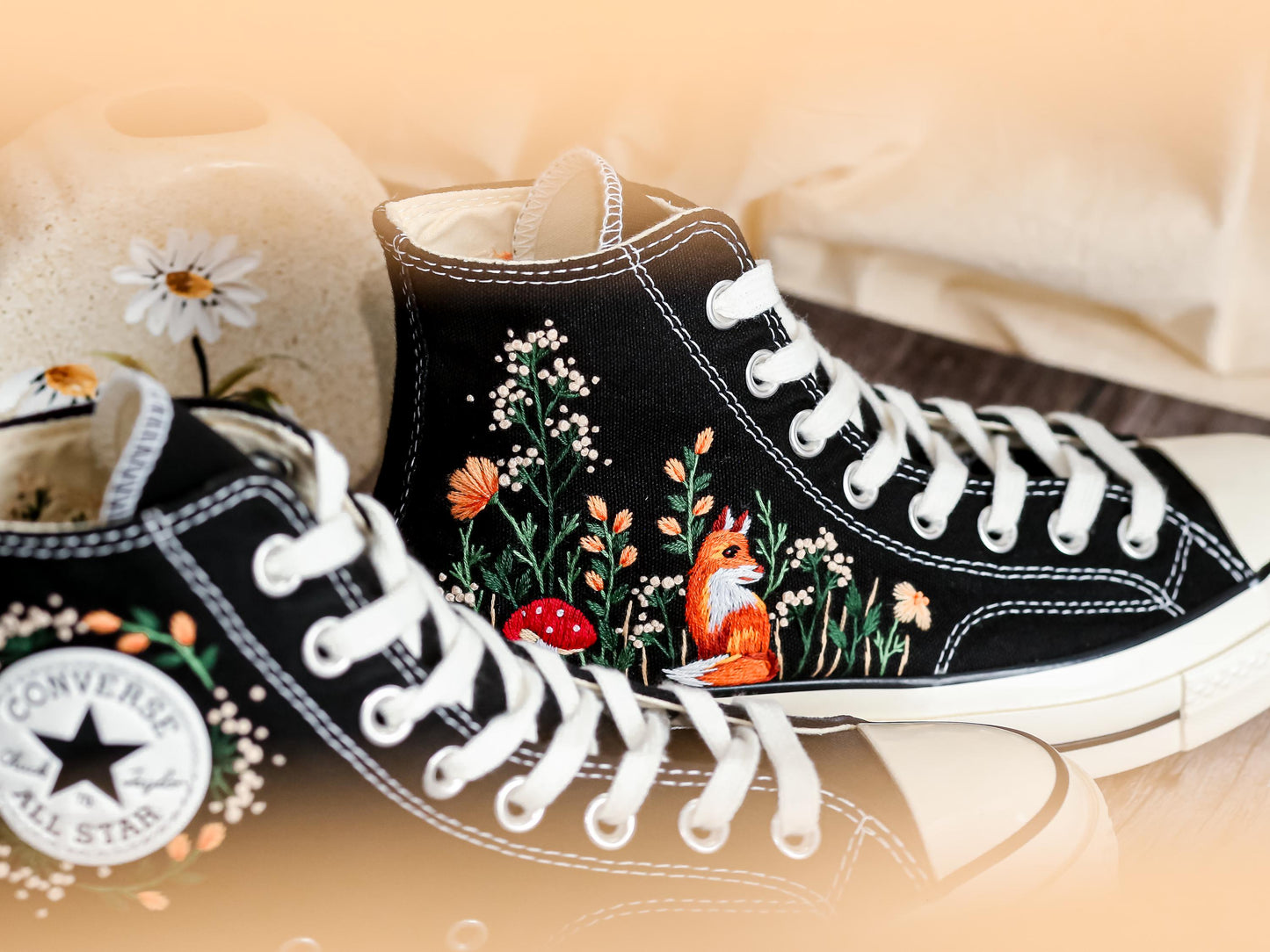 Custom Fox Embroidered Converse High Tops | Floral 1970s Chuck Taylor Sneakers
