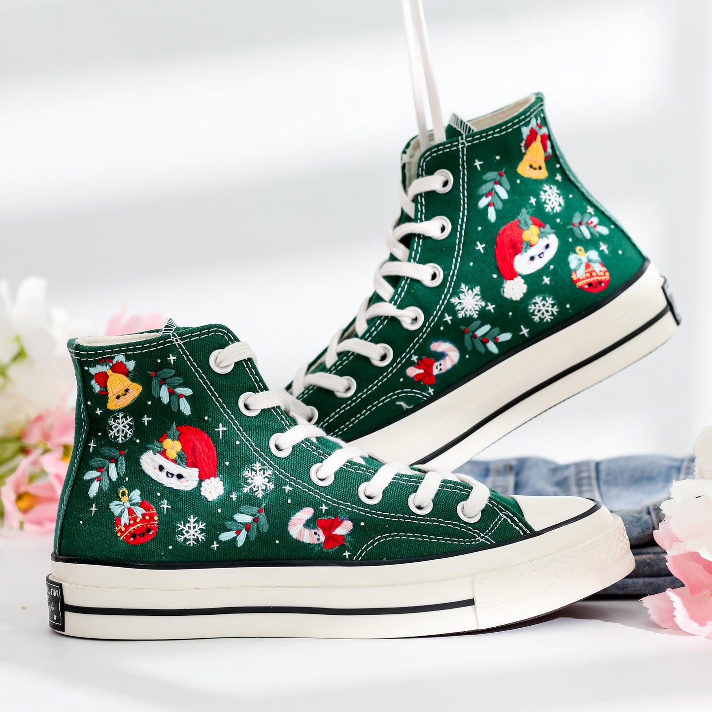 Custom Christmas Embroidered Converse | Santa Claus & Reindeer Sneakers with Snowflakes