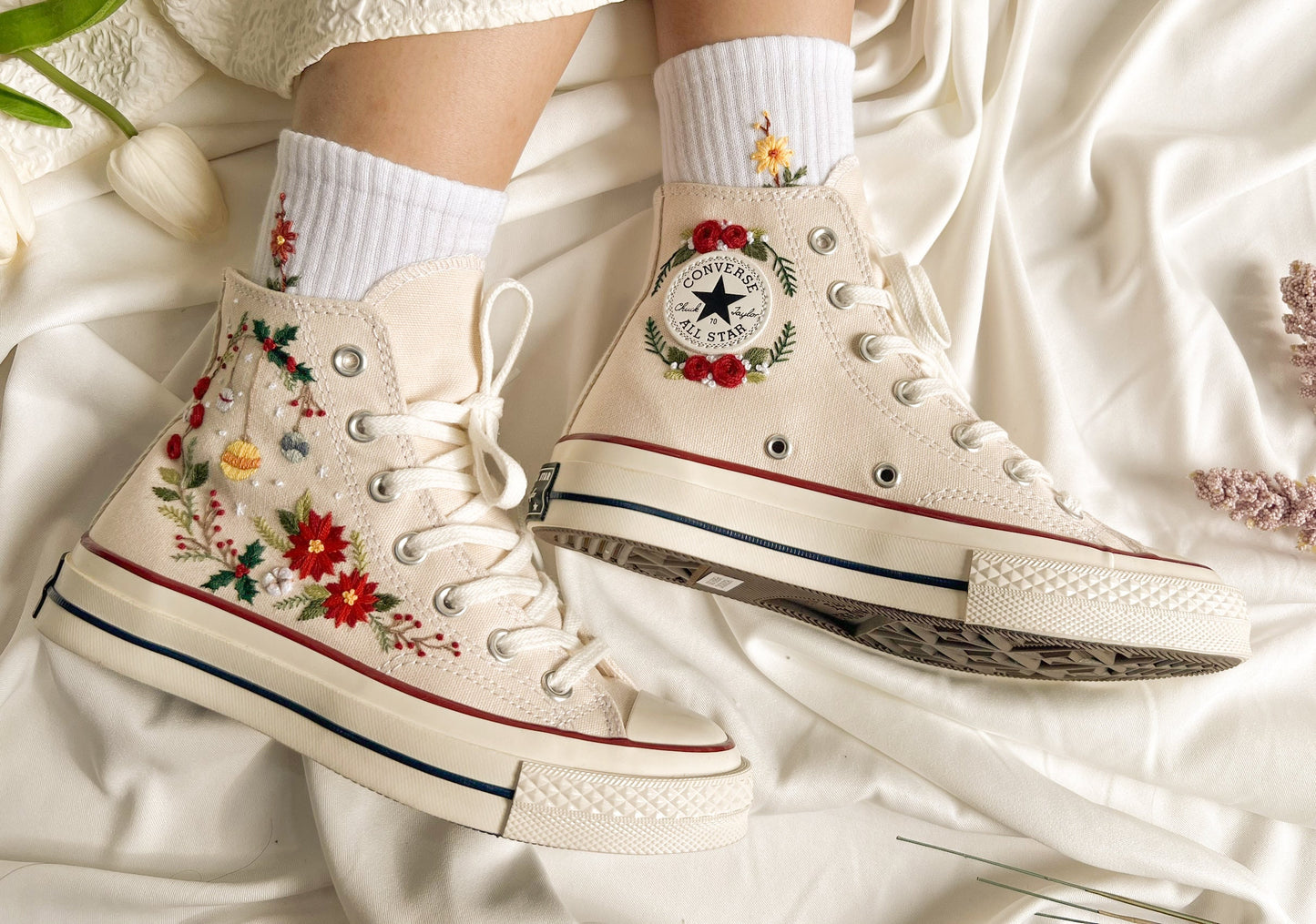 Custom Christmas Embroidered Converse Chuck 70 | Pine Tree & Floral High Top Sneakers