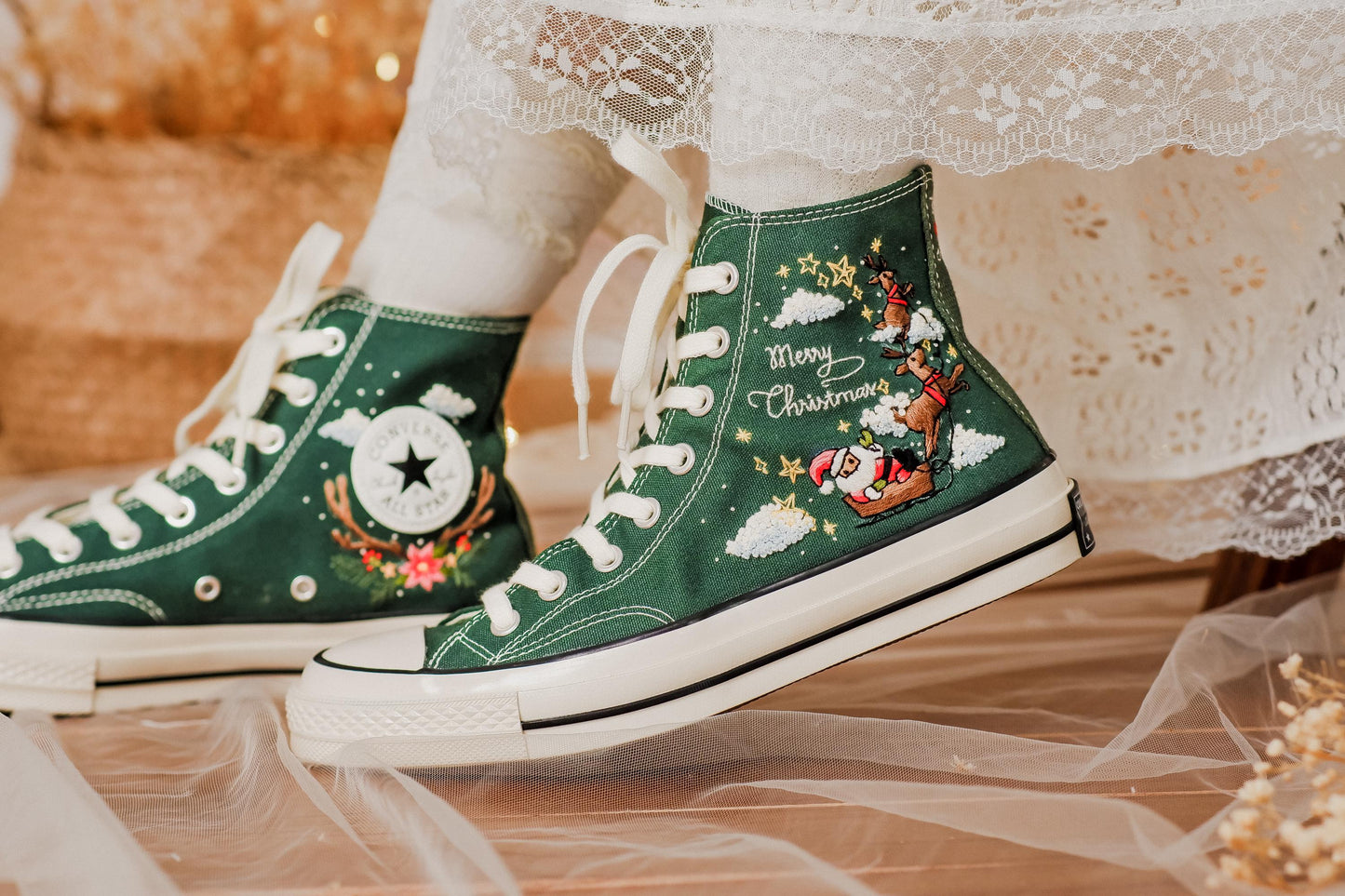 Custom Christmas Embroidered Converse High Tops | Santa Claus, Reindeer & Poinsettia Floral Sneakers