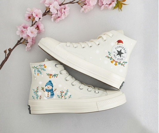 Hand Embroidered Christmas Converse Chuck Taylor | Floral Snowman High Top Sneakers