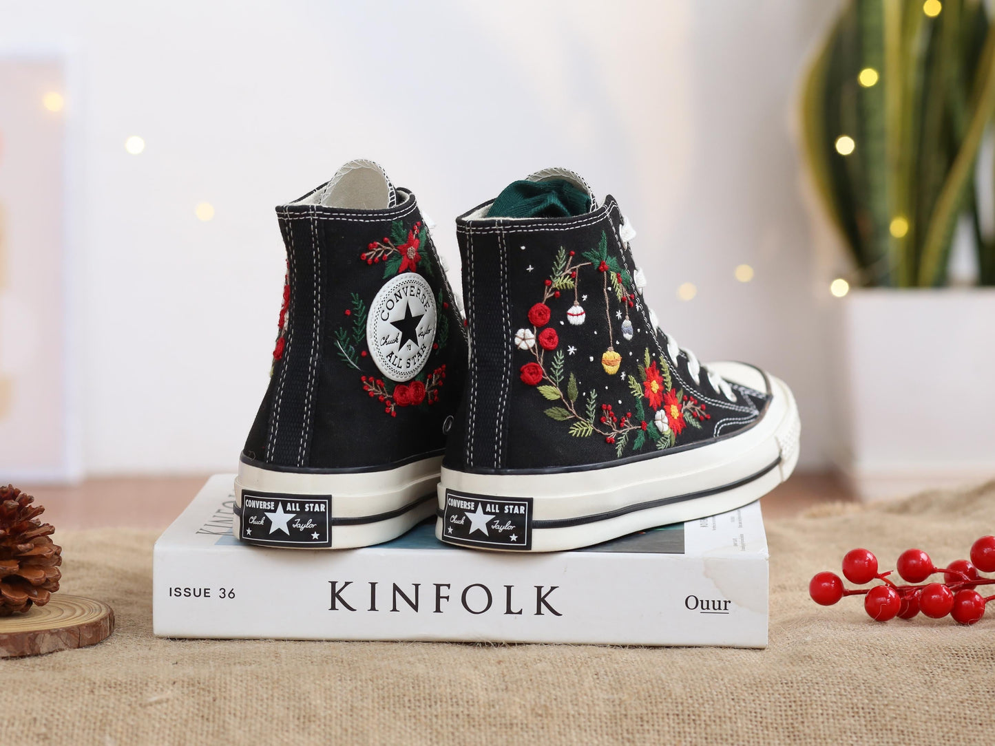 Custom Christmas Embroidered Converse Chuck Taylor | Pine Tree & Floral Holiday Sneakers