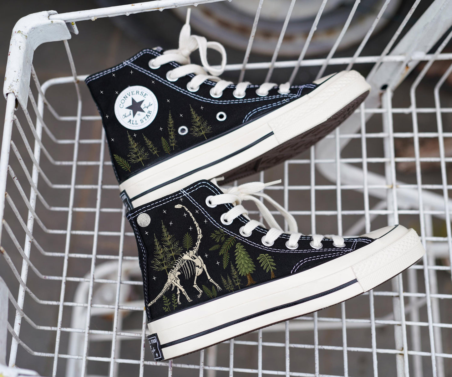 Embroidered Dinosaur Fossil Converse Chuck 70 Sneakers | Retro Custom High Top Shoes