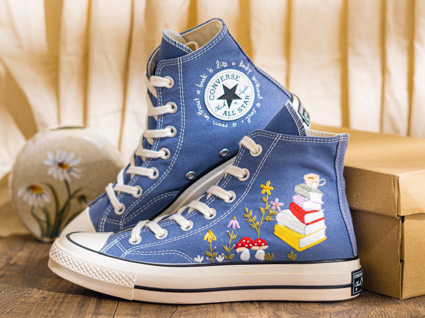 Denim Blue Embroidered Converse Chuck 70 | Custom Book & Mushroom High Top Sneakers | Unique Handmade Gift