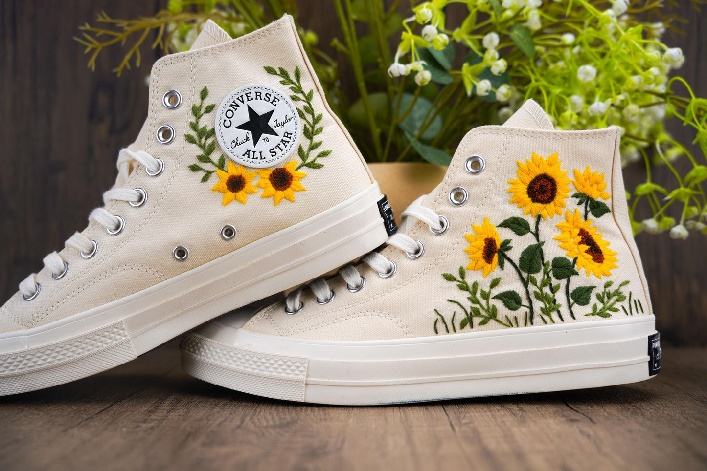 Custom Embroidered Sunflower Converse Chuck Taylor | Wedding Sneakers for Bride