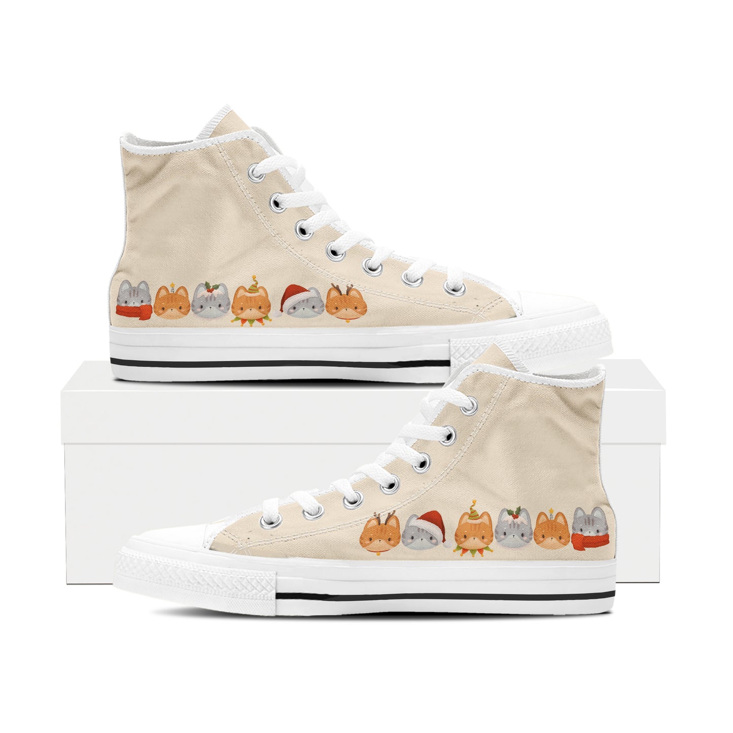 Adorable Cat Heads Christmas High Top Canvas Shoes | Light Beige Feline Parade Sneakers