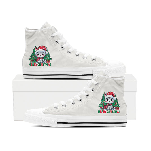 Adorable Puppy Pile High Top Canvas Shoes | Burgundy Dog Christmas Tree Sneakers