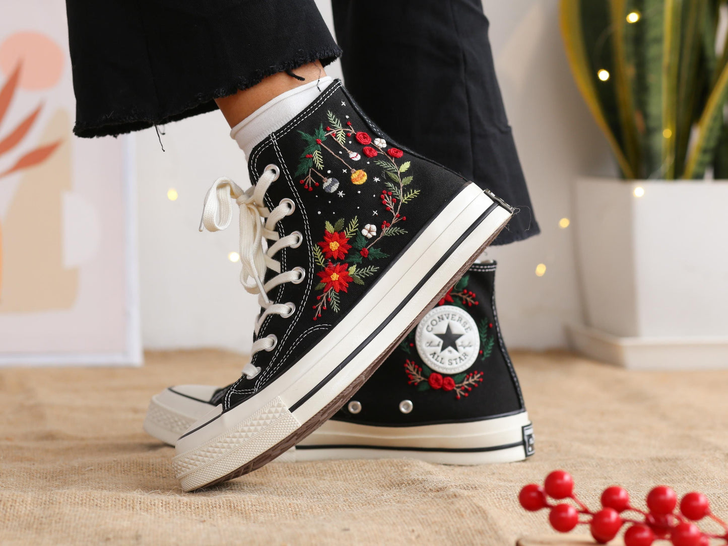 Custom Christmas Embroidered Converse Chuck Taylor | Pine Tree & Floral Holiday Sneakers
