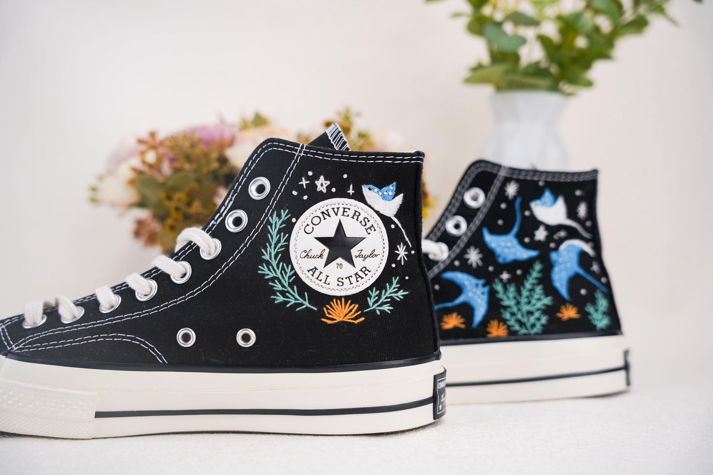 Manta Ray Embroidered Converse | Custom Ocean Chuck Taylor 1970s High Tops
