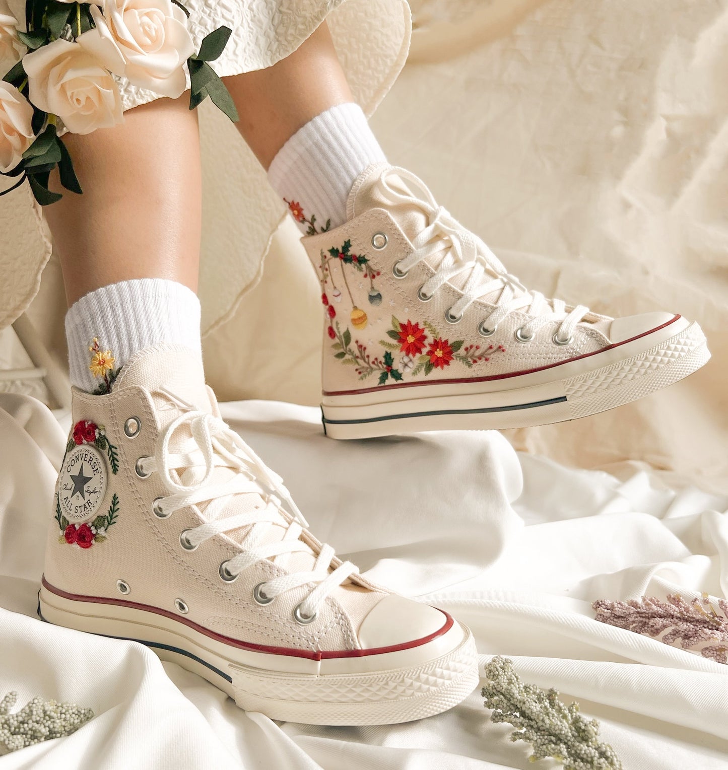 Custom Christmas Embroidered Converse Chuck 70 | Pine Tree & Floral High Top Sneakers