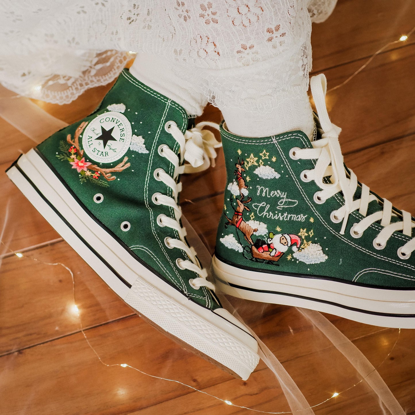 Custom Christmas Embroidered Converse High Tops | Santa Claus, Reindeer & Poinsettia Floral Sneakers