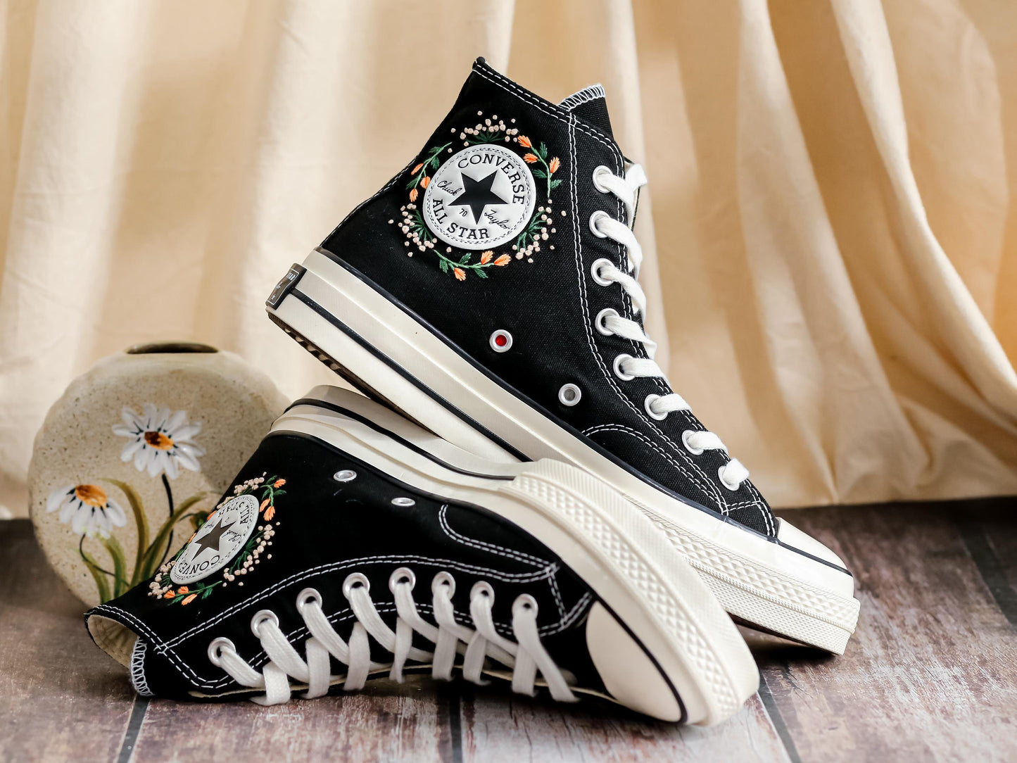 Custom Fox Embroidered Converse High Tops | Floral 1970s Chuck Taylor Sneakers