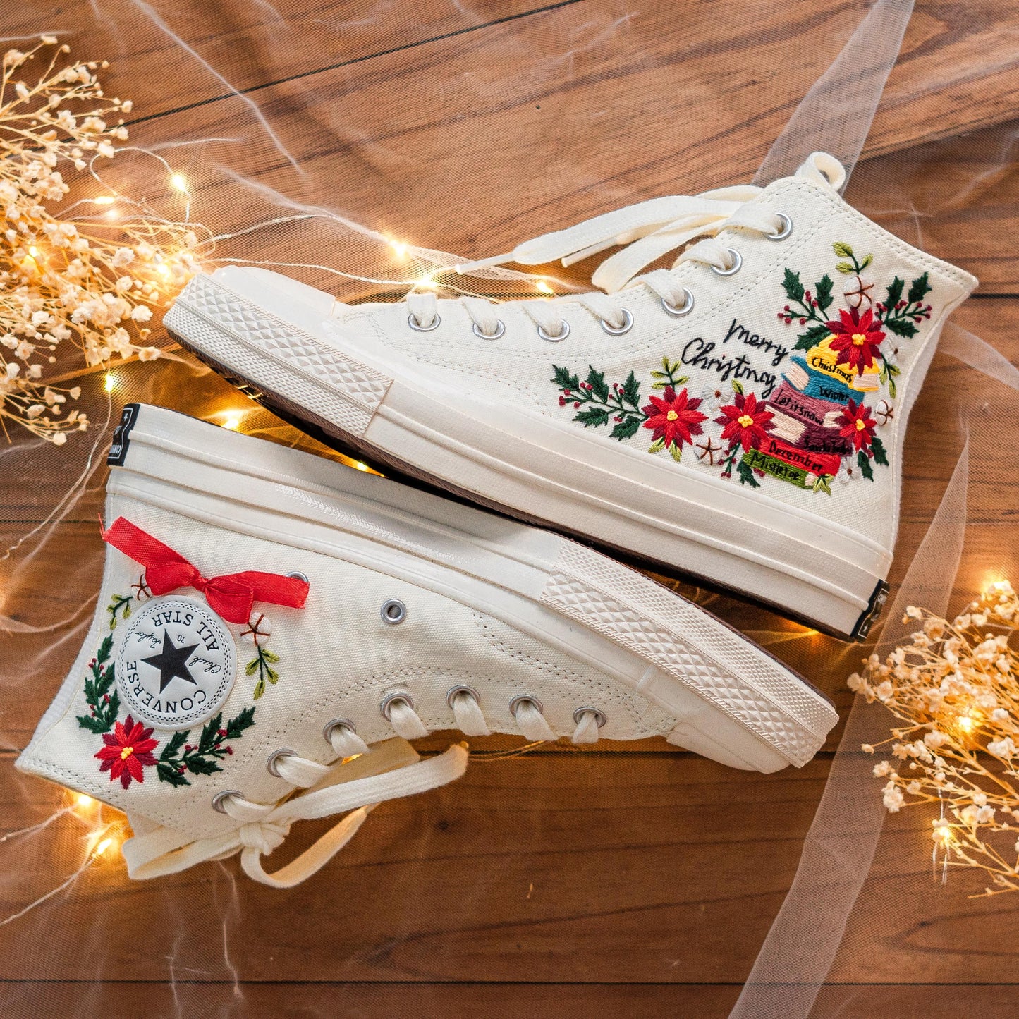 Custom Embroidered Converse Chuck Taylor | Floral & Book Design Christmas Vibes Sneakers