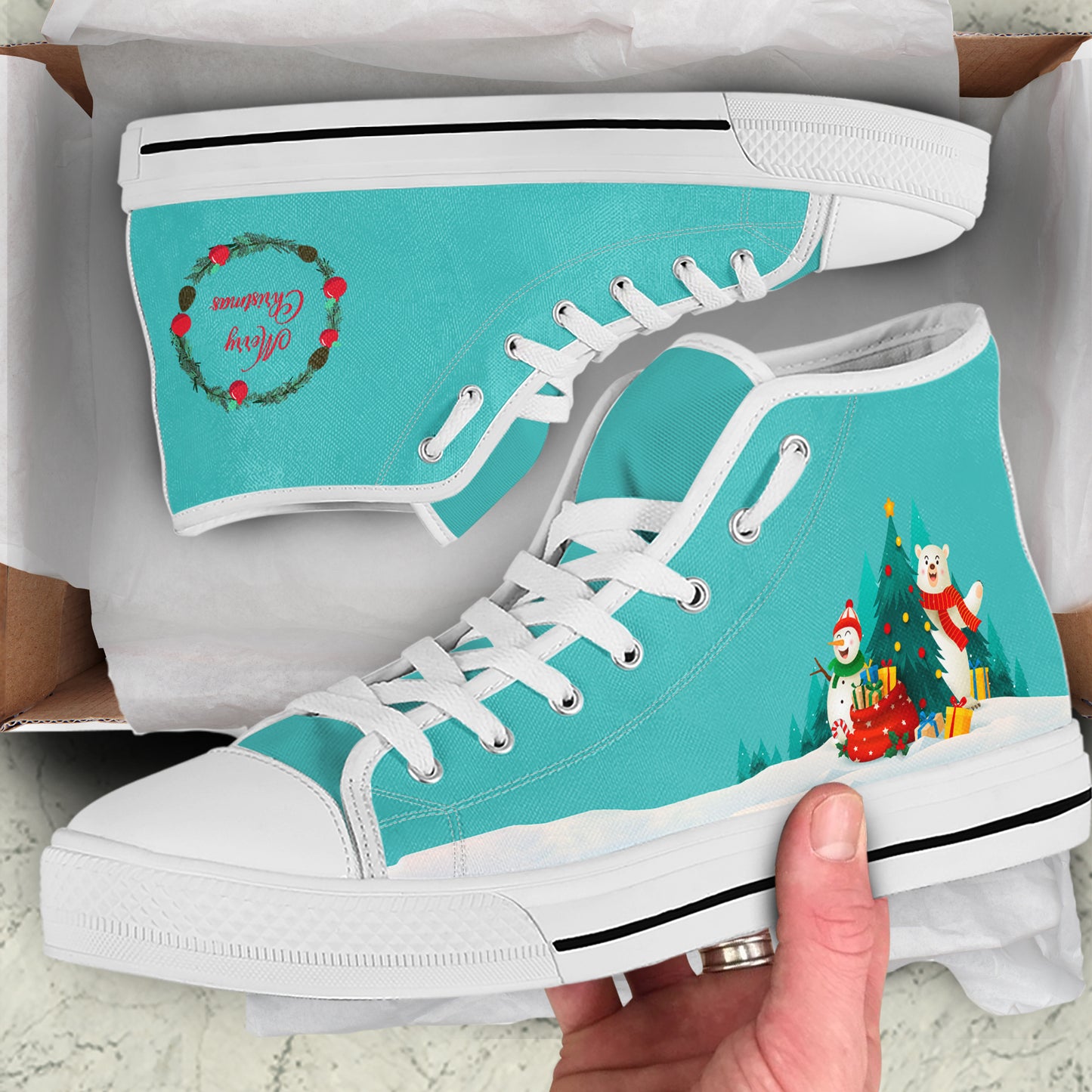 Christmas Bear & Snowman High Top Sneakers – Teal Holiday Canvas Shoes, Cute Winter Gift Sneakers