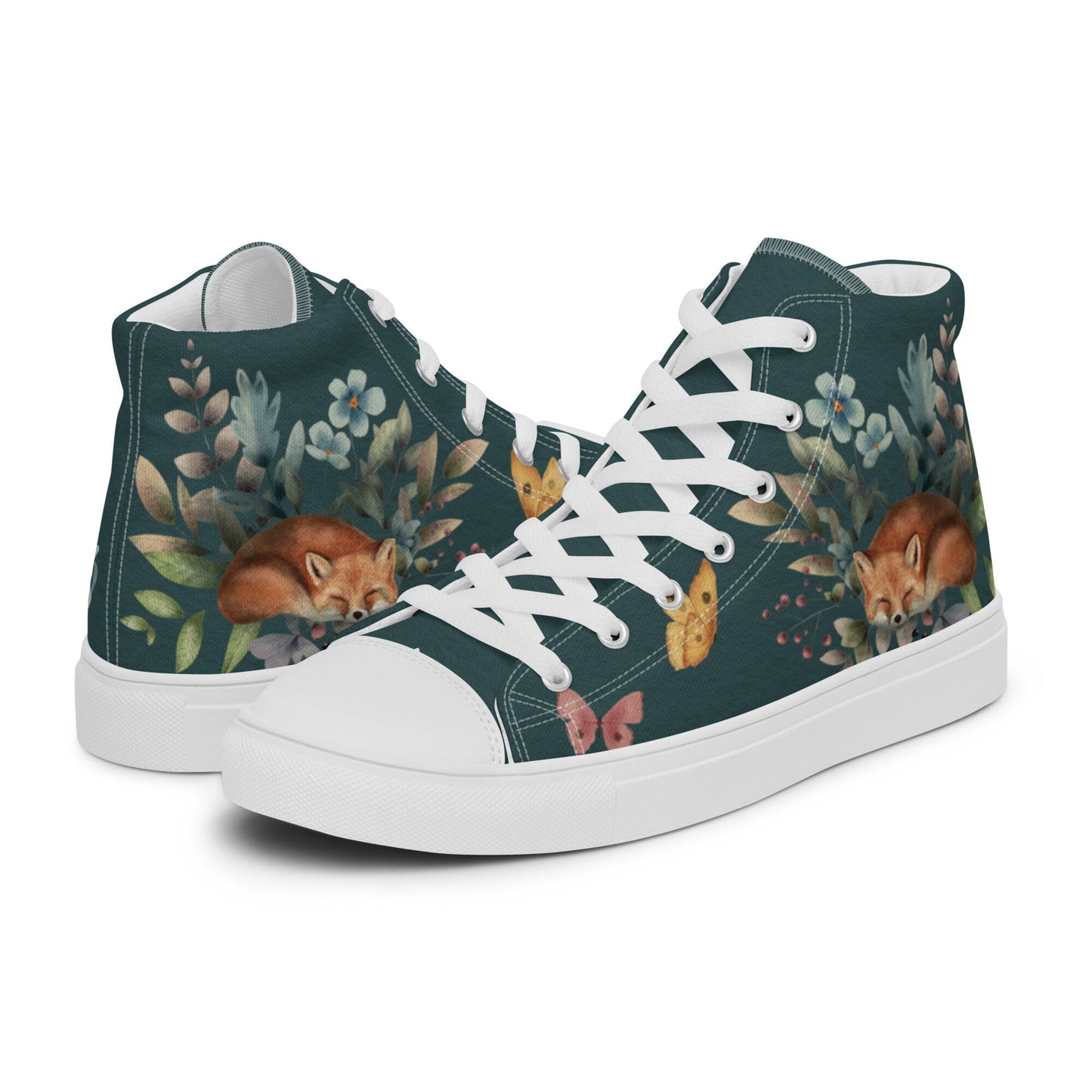 Sleeping Fox Canvas Sneakers | Boho Floral Woodland Animal Artistic Shoes