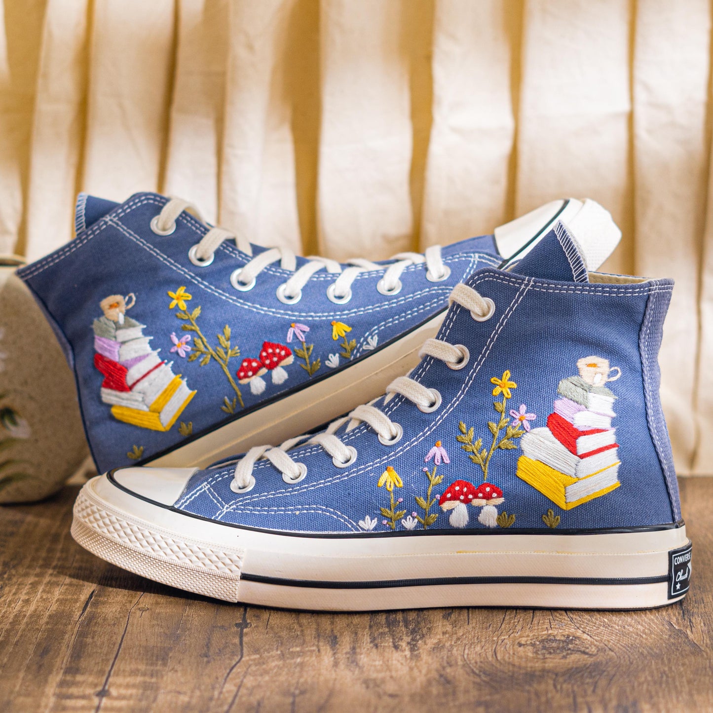 Denim Blue Embroidered Converse Chuck 70 | Custom Book & Mushroom High Top Sneakers | Unique Handmade Gift