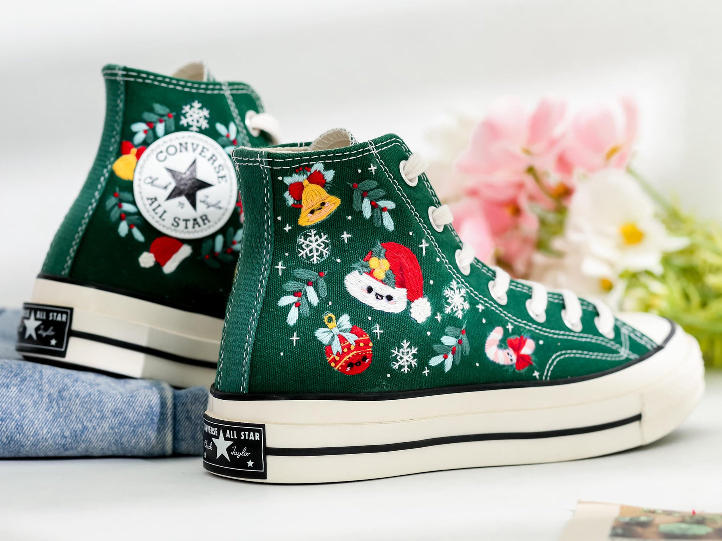 Custom Christmas Embroidered Converse | Santa Claus & Reindeer Sneakers with Snowflakes