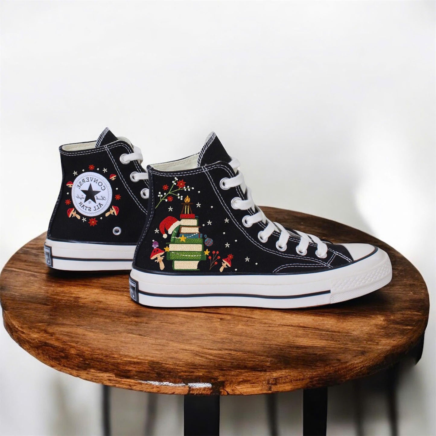 Custom Embroidered Converse Chuck Taylor | Mushroom & Floral Christmas Shoes for Book Lovers