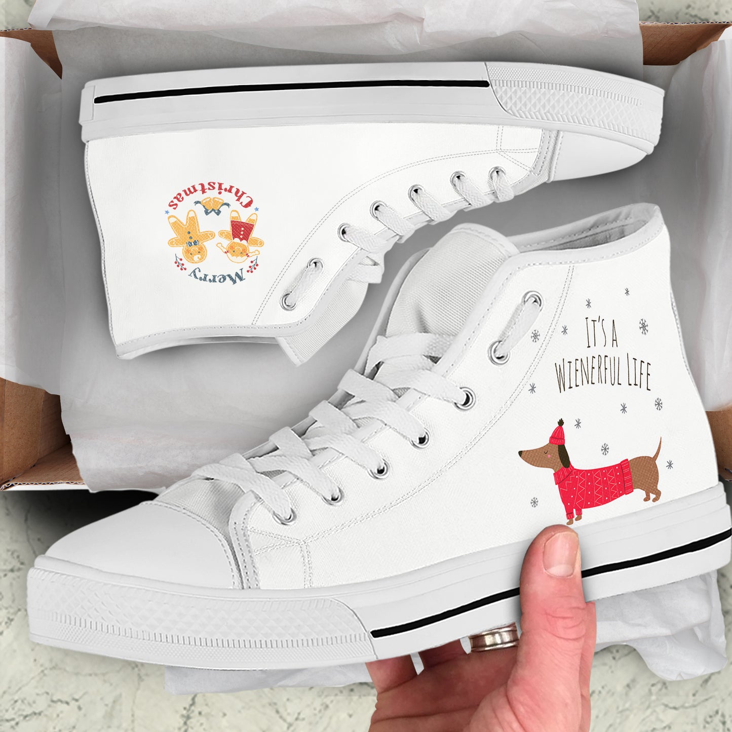 Funny Dachshund "Wienerful Life" High Top Canvas Shoes | Dog Lover Christmas Sneakers