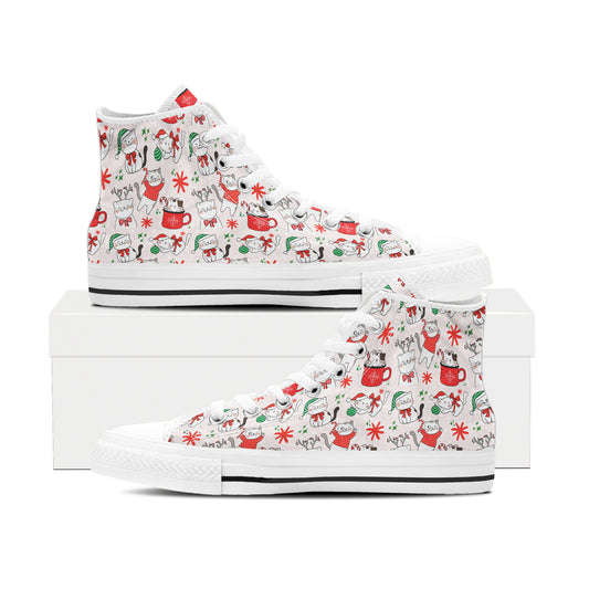 Whimsical Cat Pattern High Top Canvas Shoes | All-Over Feline Christmas Sneakers