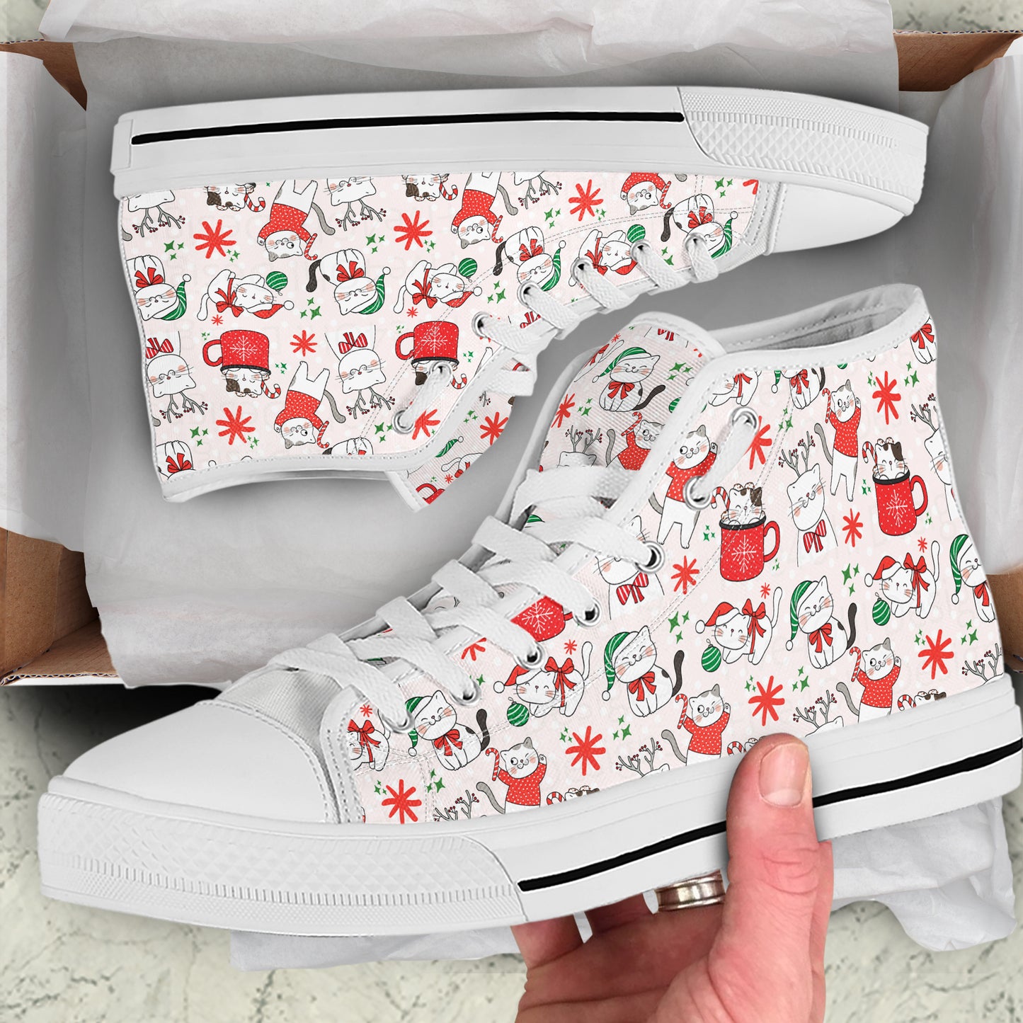 Whimsical Cat Pattern High Top Canvas Shoes | All-Over Feline Christmas Sneakers