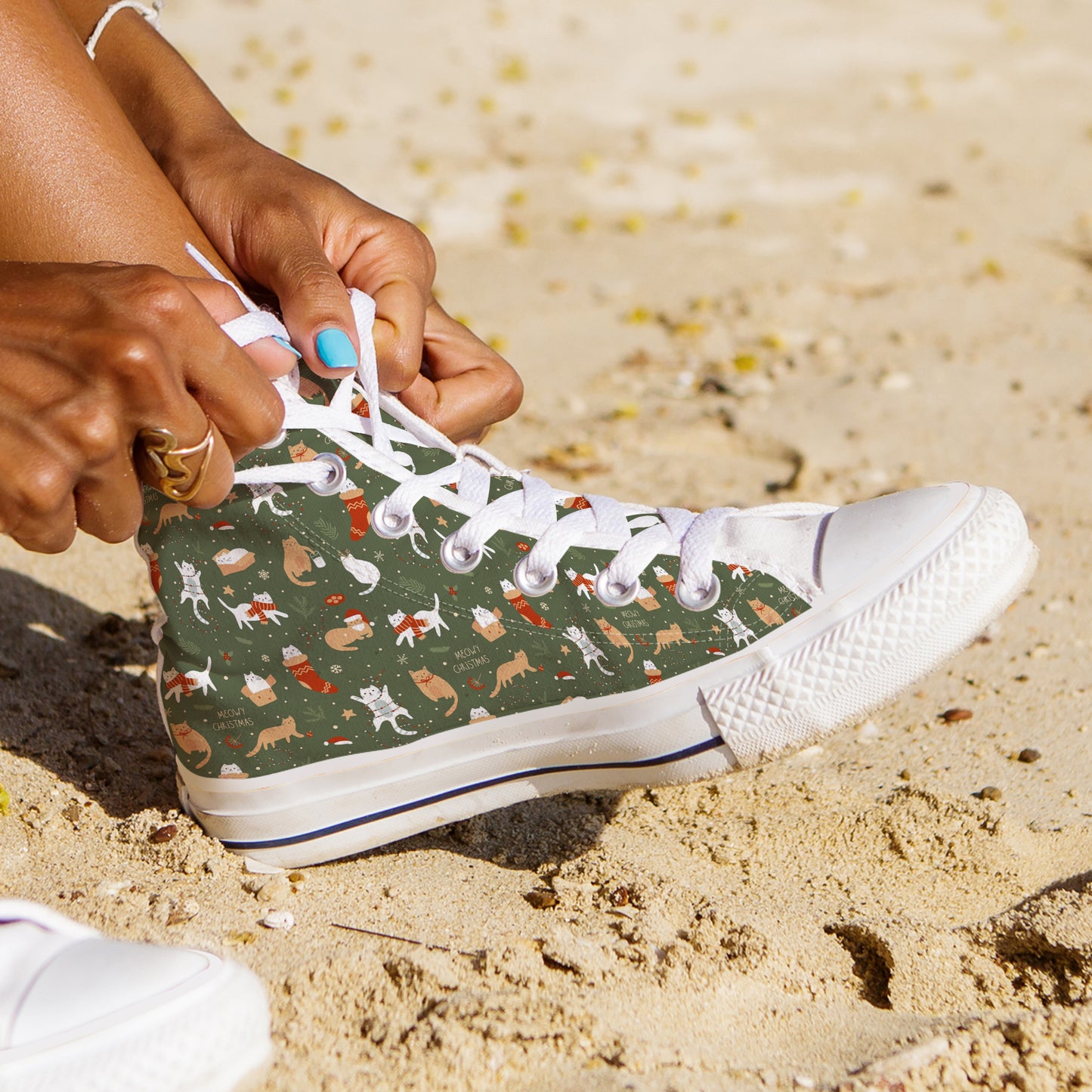 All-Over Feline Holiday Pattern High Top Canvas Shoes | Rustic Olive Green Cat Lover Sneakers