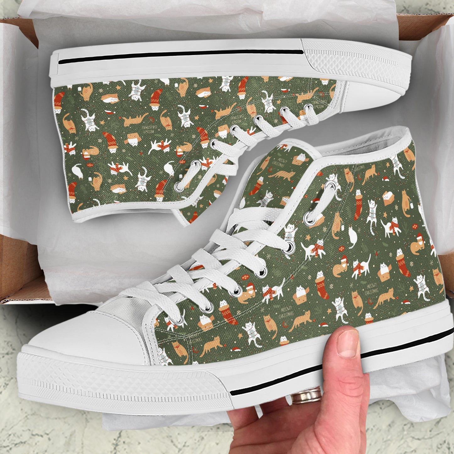All-Over Feline Holiday Pattern High Top Canvas Shoes | Rustic Olive Green Cat Lover Sneakers