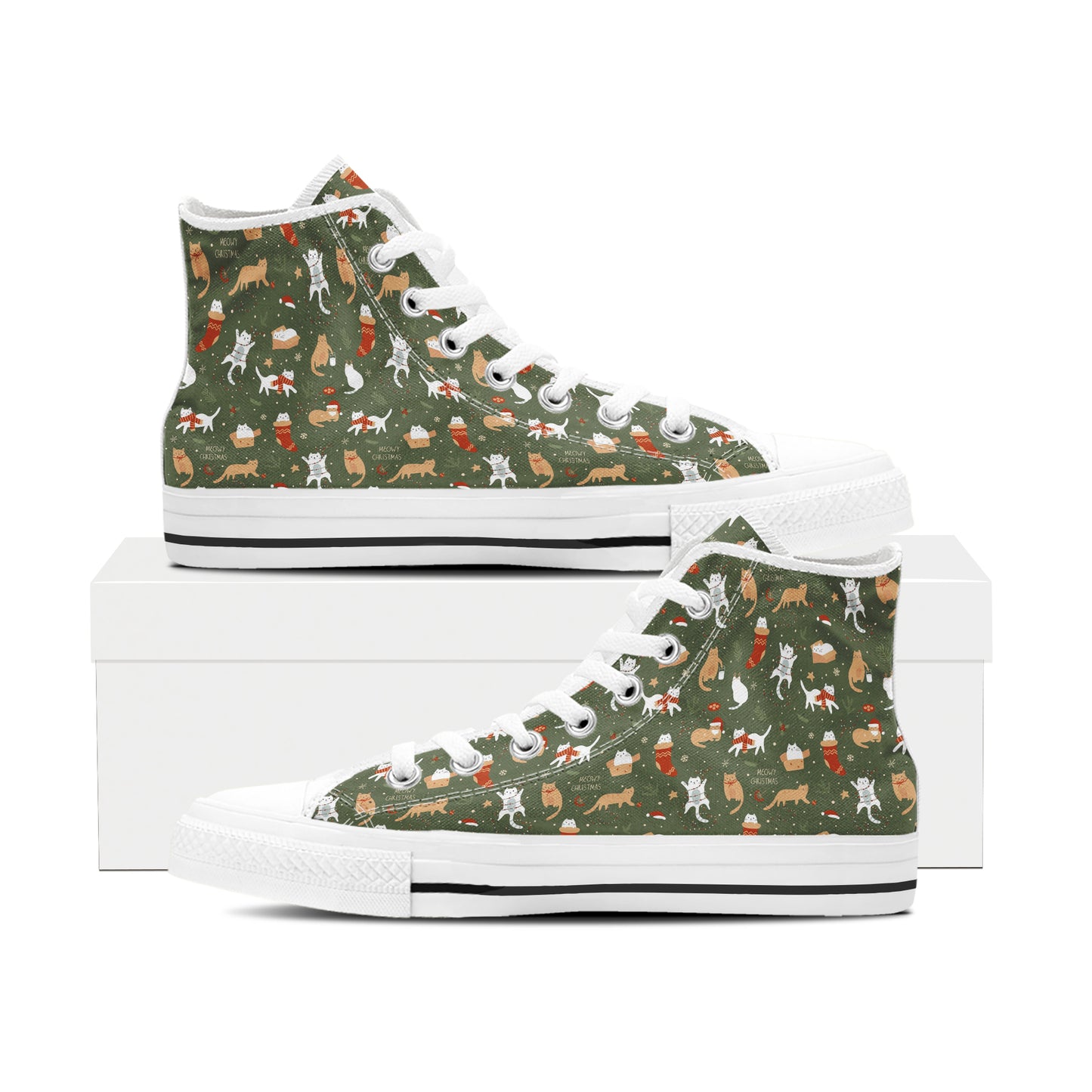 All-Over Feline Holiday Pattern High Top Canvas Shoes | Rustic Olive Green Cat Lover Sneakers