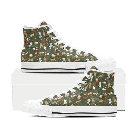 All-Over Feline Holiday Pattern High Top Canvas Shoes | Rustic Olive Green Cat Lover Sneakers