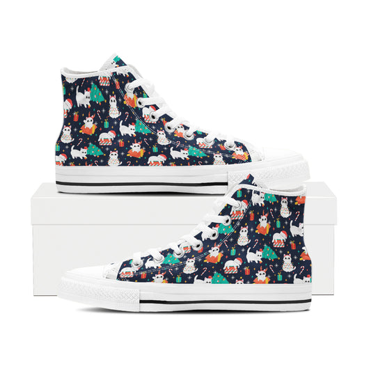 Whimsical Dog Pattern High Top Canvas Shoes | All-Over Christmas Puppy Print