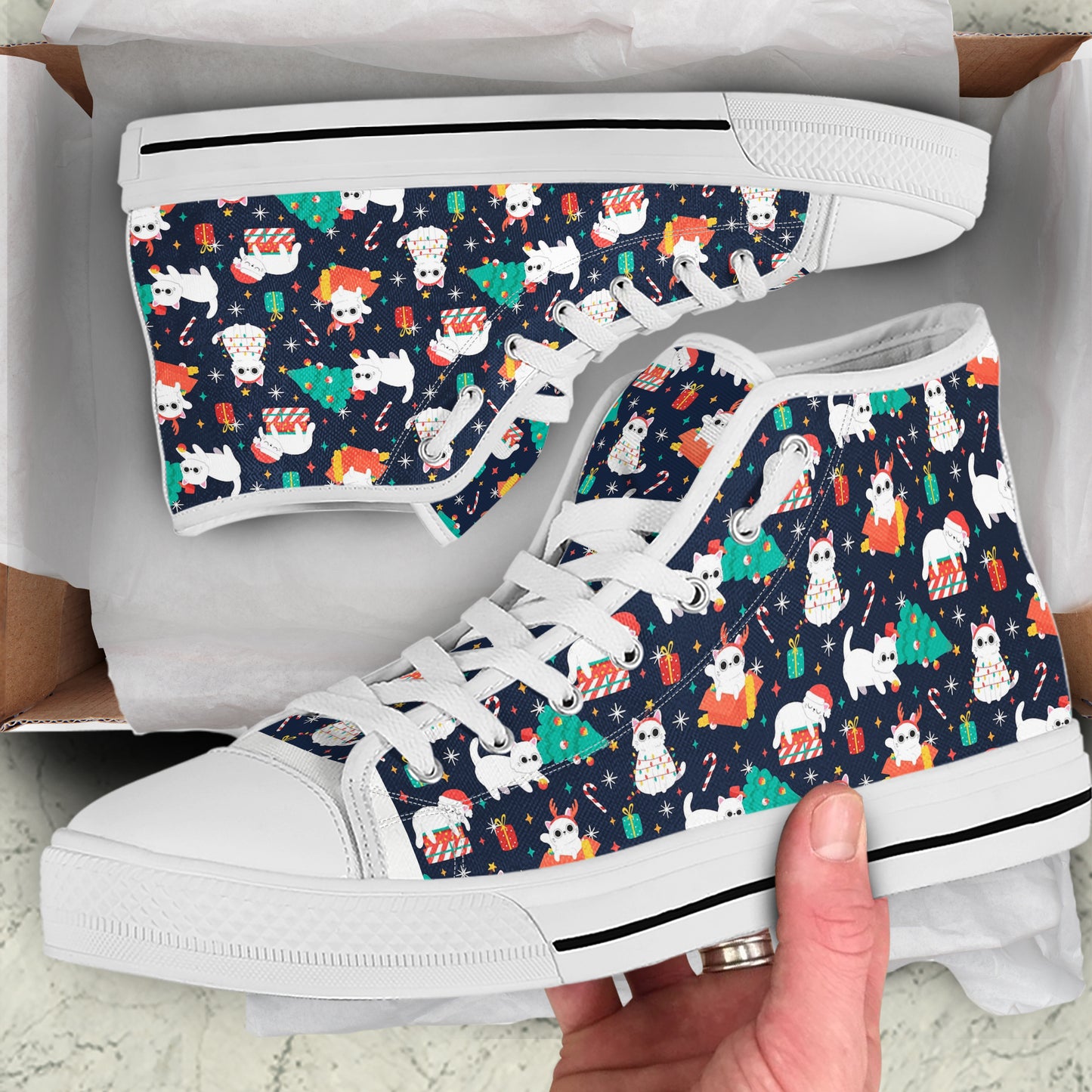 Whimsical Dog Pattern High Top Canvas Shoes | All-Over Christmas Puppy Print