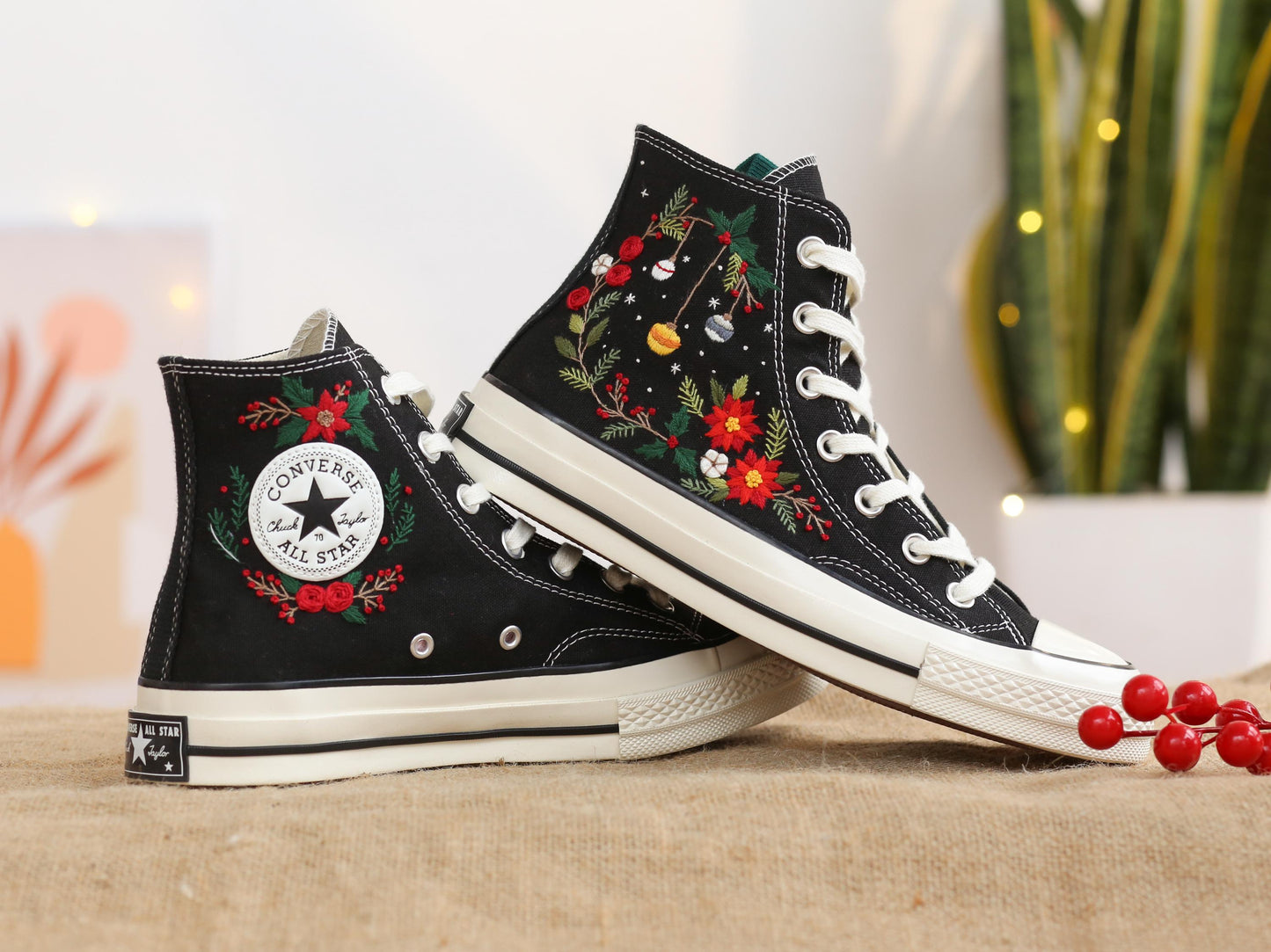 Custom Christmas Embroidered Converse Chuck Taylor | Pine Tree & Floral Holiday Sneakers