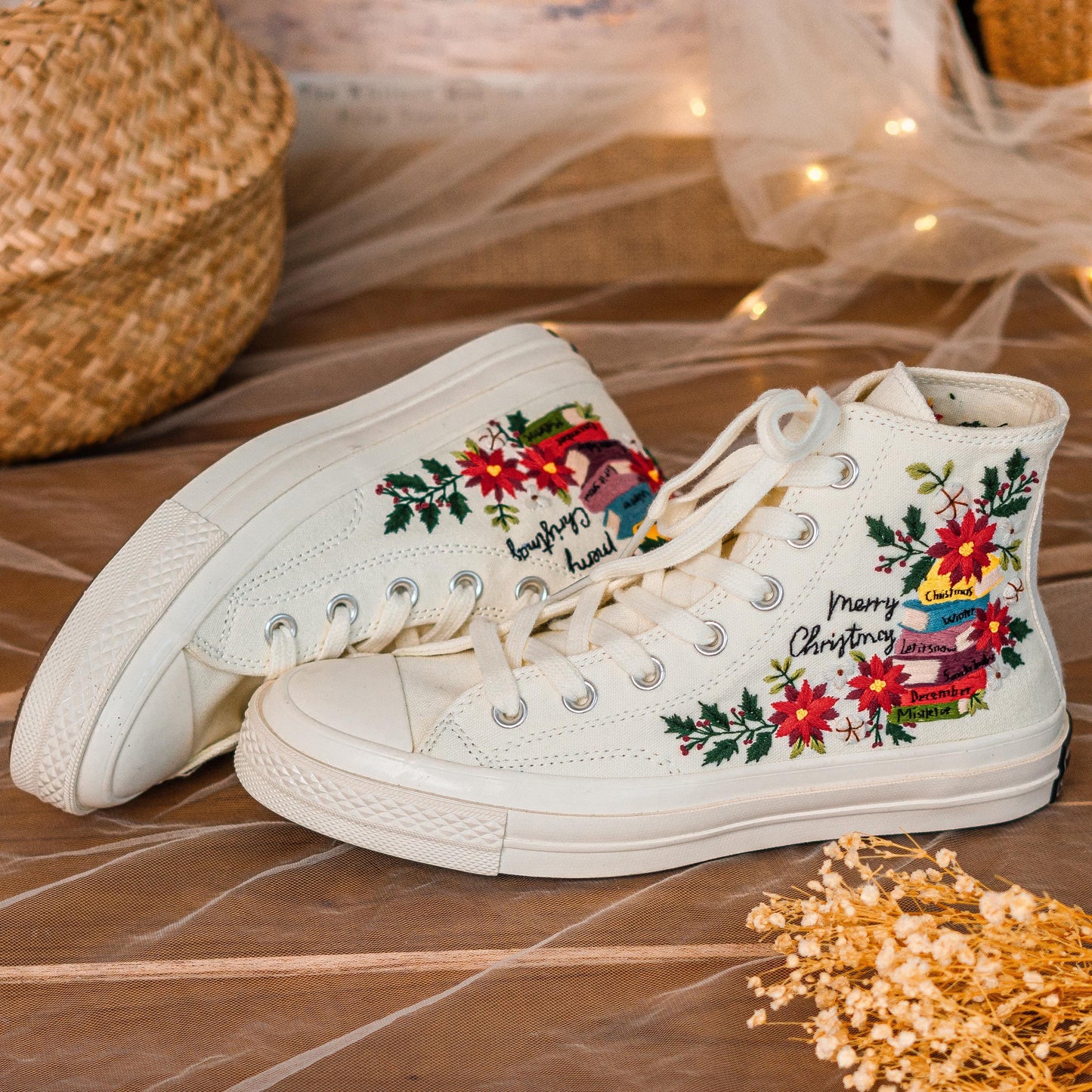Custom Embroidered Converse Chuck Taylor | Floral & Book Design Christmas Vibes Sneakers