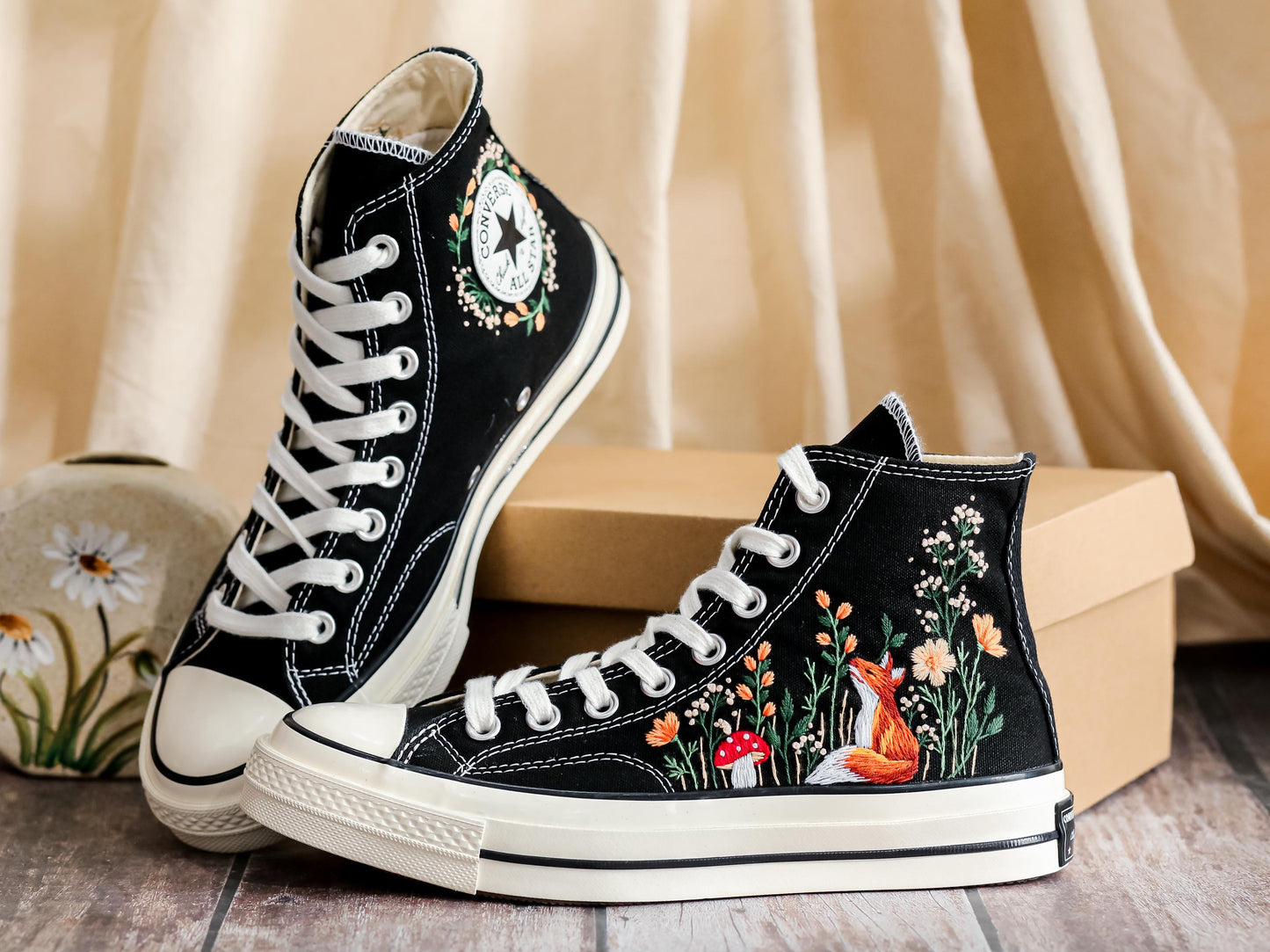Custom Fox Embroidered Converse High Tops | Floral 1970s Chuck Taylor Sneakers