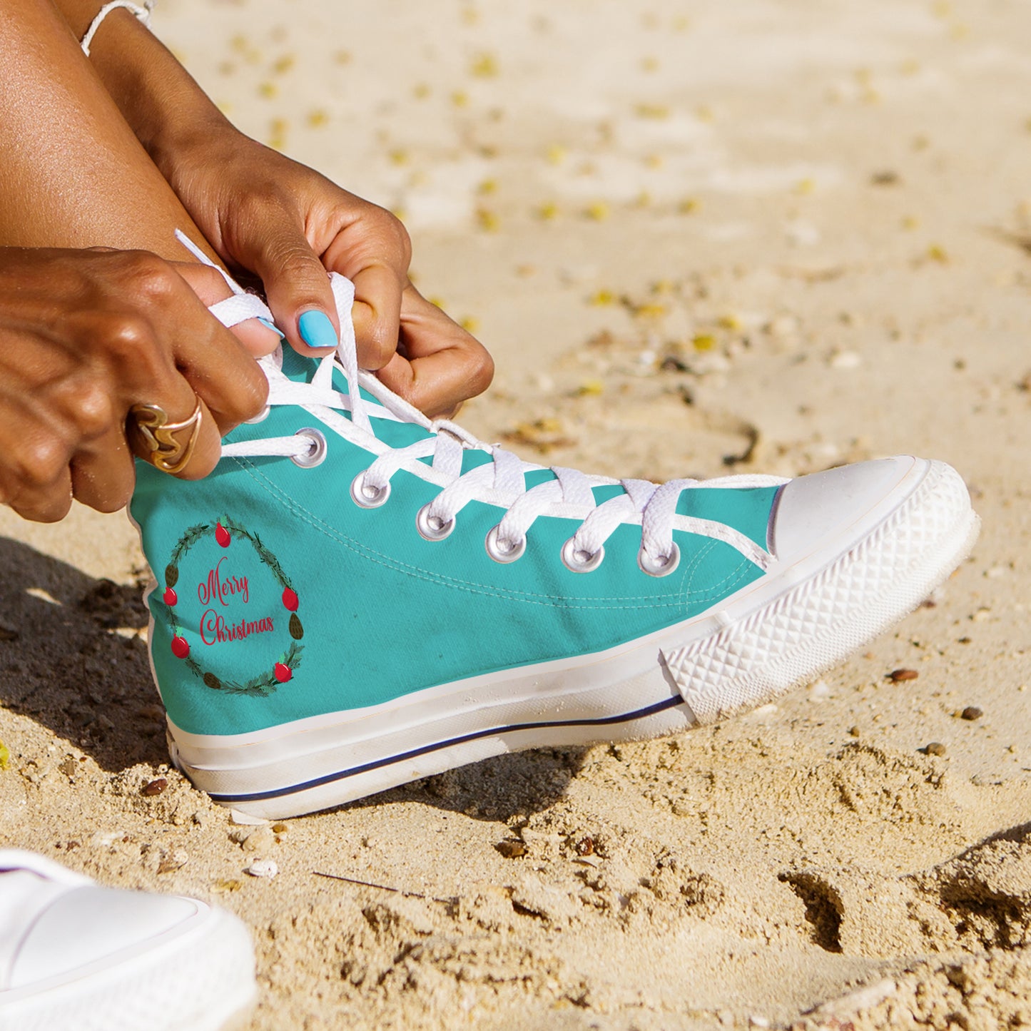 Christmas Bear & Snowman High Top Sneakers – Teal Holiday Canvas Shoes, Cute Winter Gift Sneakers