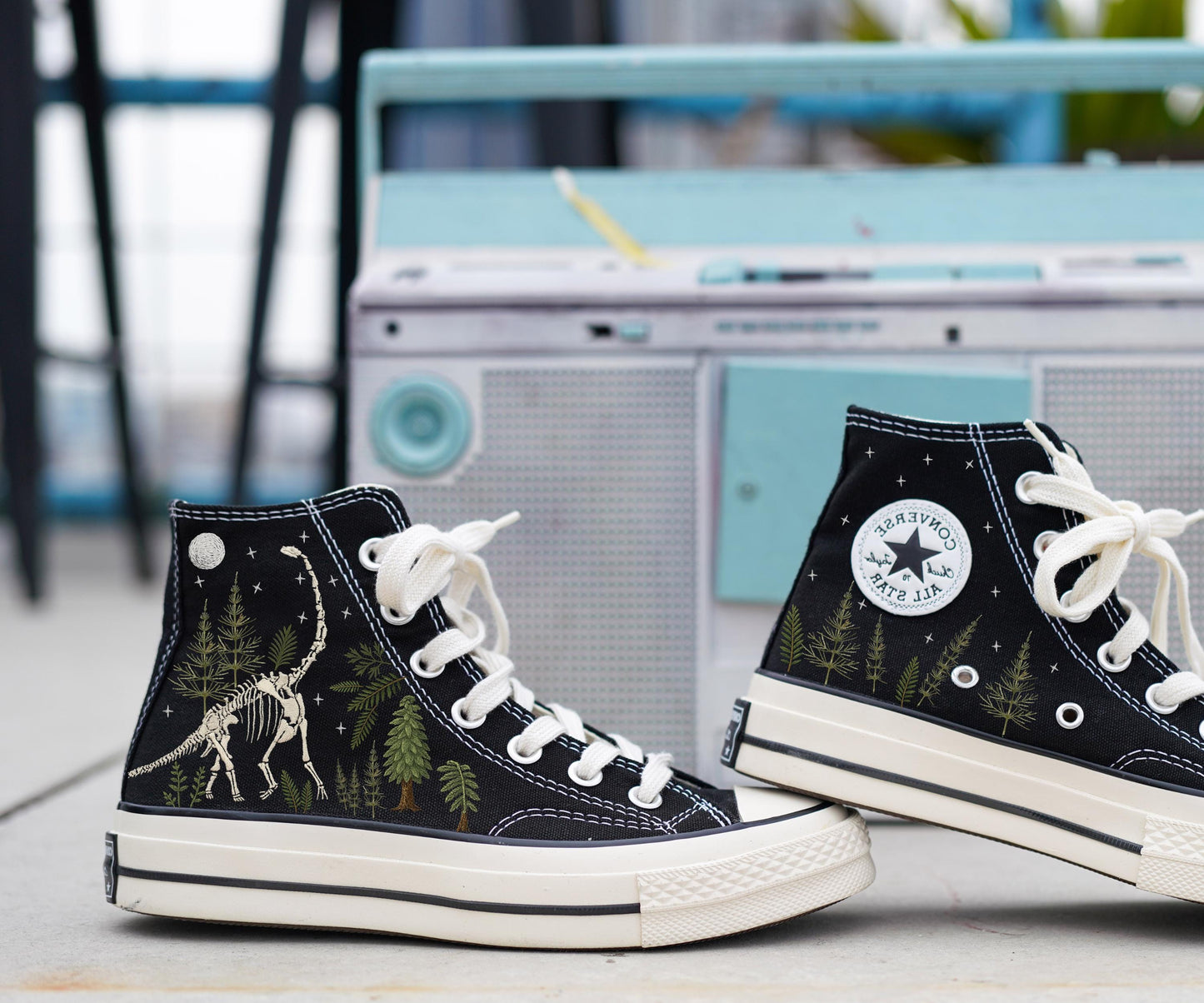Embroidered Dinosaur Fossil Converse Chuck 70 Sneakers | Retro Custom High Top Shoes