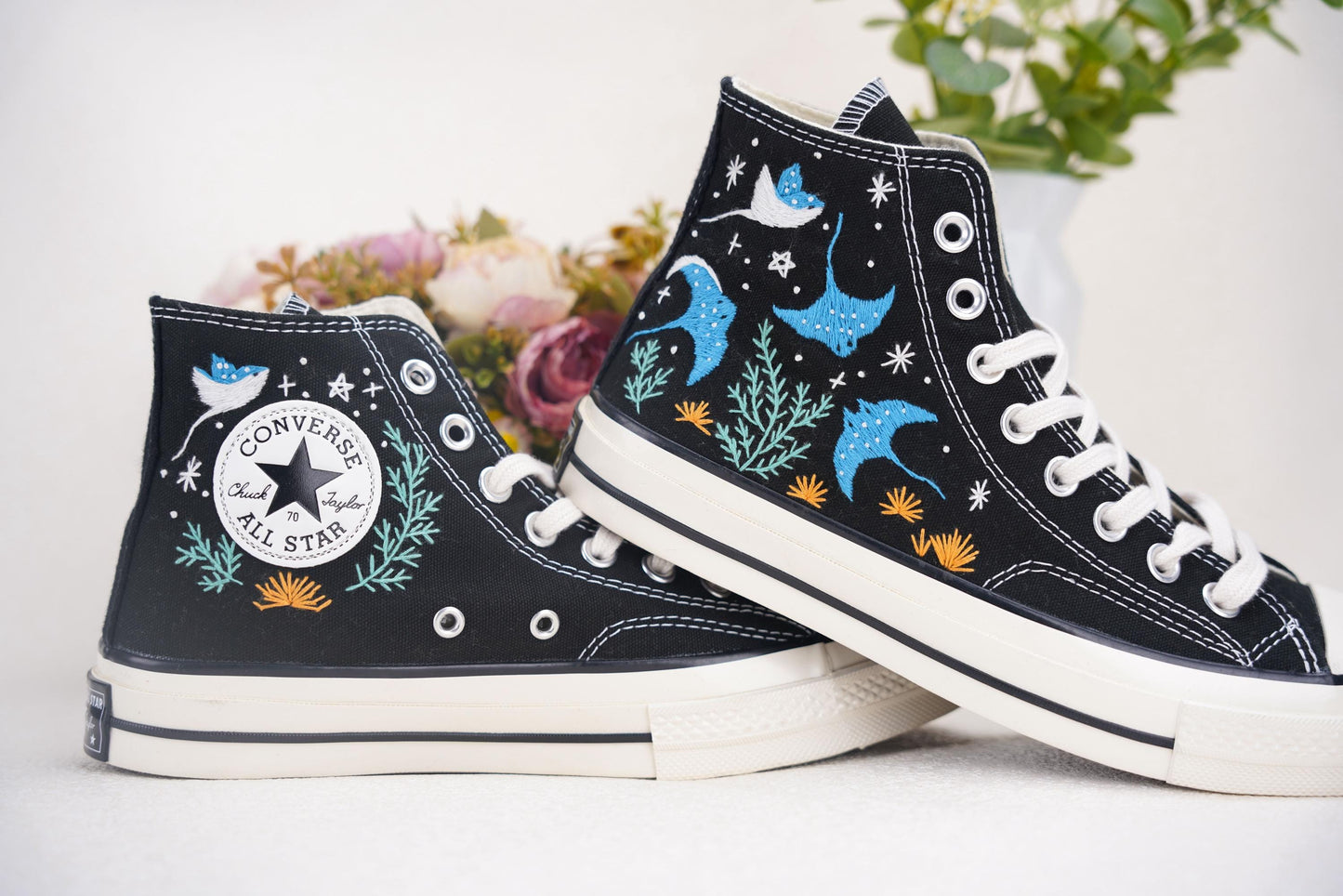 Manta Ray Embroidered Converse | Custom Ocean Chuck Taylor 1970s High Tops