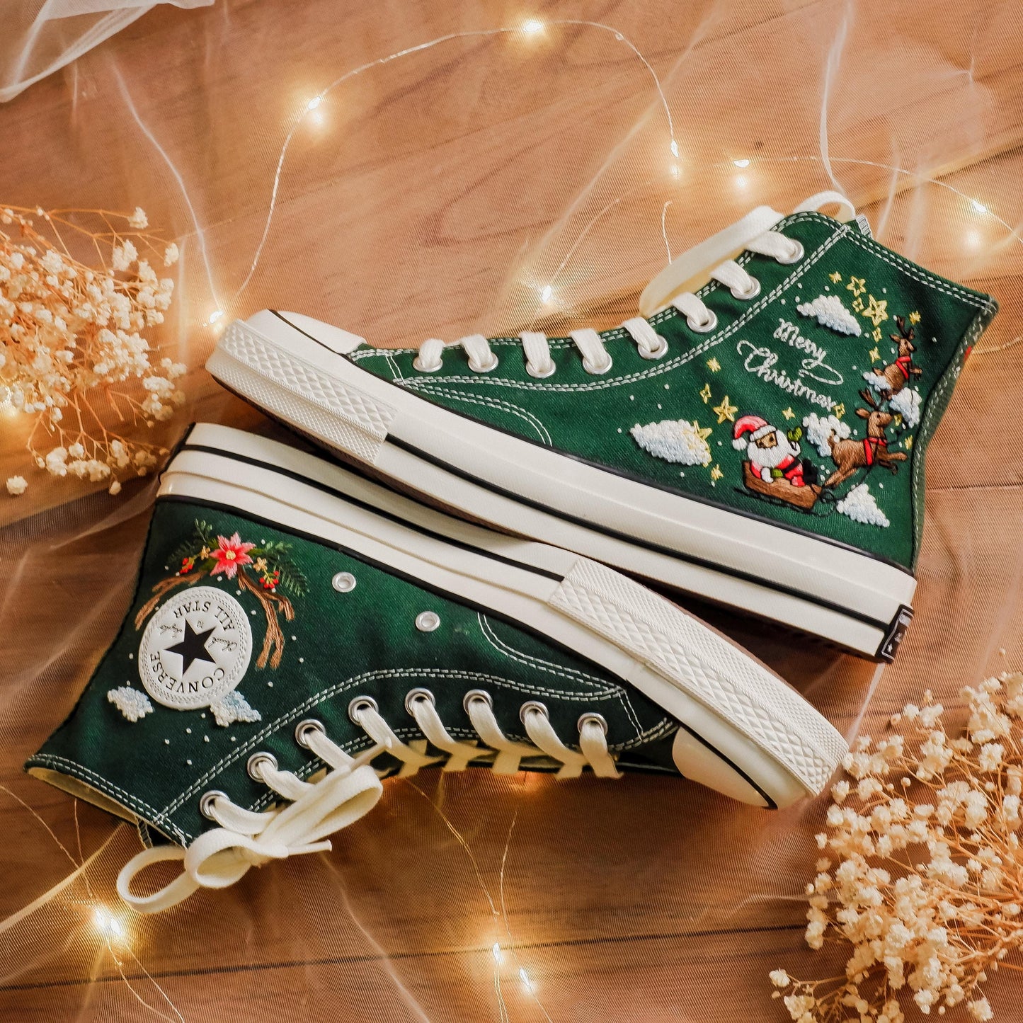 Custom Christmas Embroidered Converse High Tops | Santa Claus, Reindeer & Poinsettia Floral Sneakers