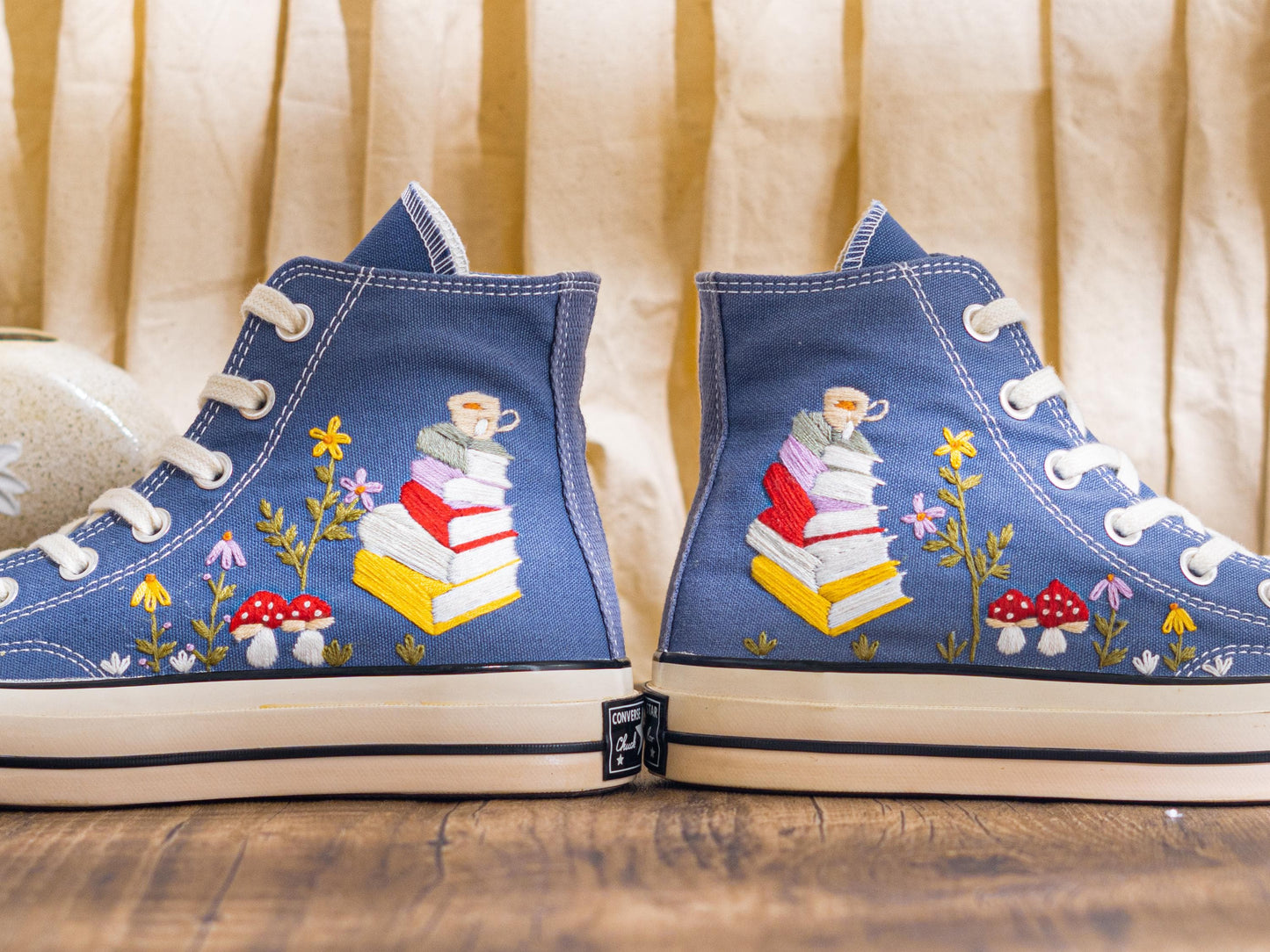 Denim Blue Embroidered Converse Chuck 70 | Custom Book & Mushroom High Top Sneakers | Unique Handmade Gift