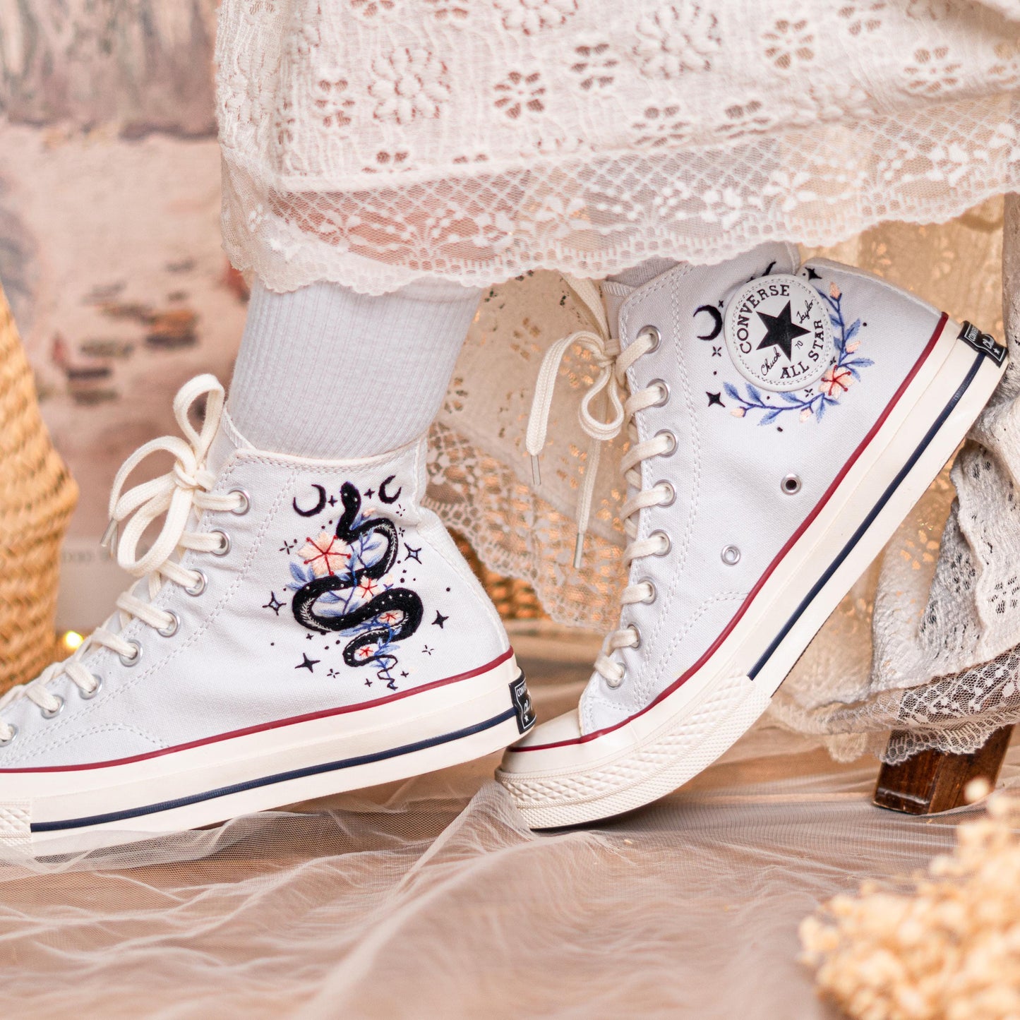 Custom Embroidered Converse Chuck 70 High Tops | Mystical Snake Design | Handmade Fashion Sneakers Gift