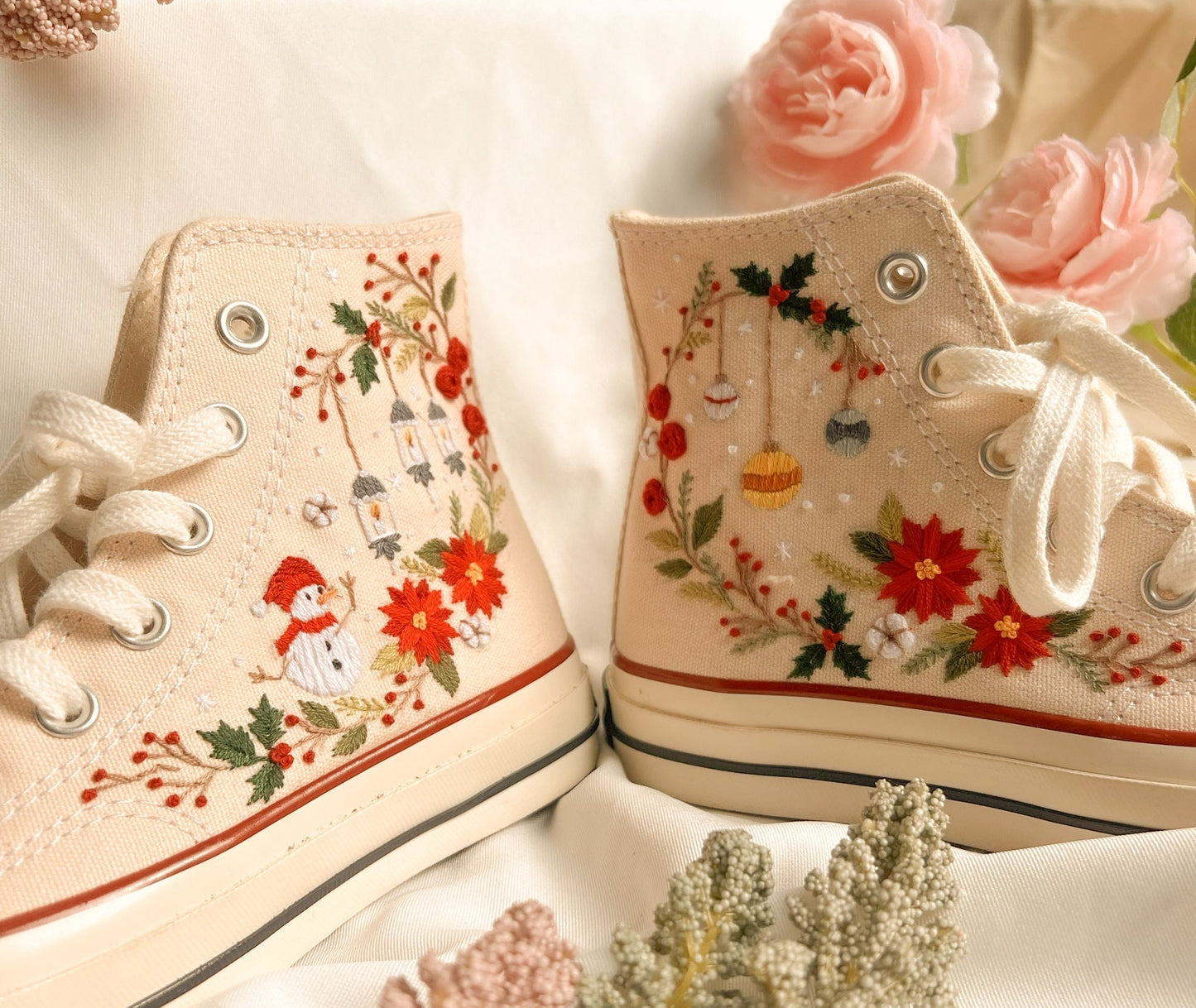Custom Christmas Embroidered Converse Chuck 70 | Pine Tree & Floral High Top Sneakers