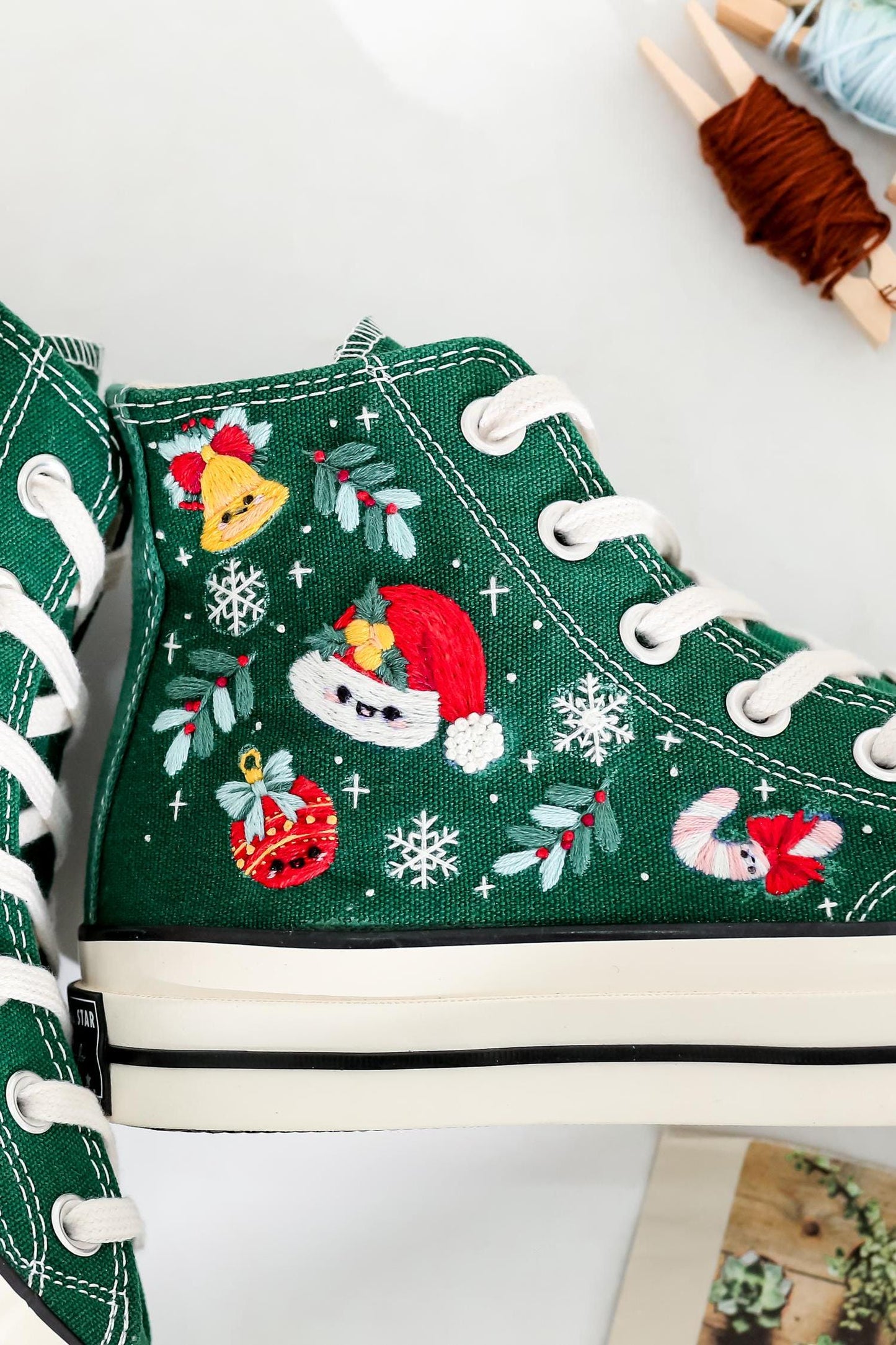 Custom Christmas Embroidered Converse | Santa Claus & Reindeer Sneakers with Snowflakes